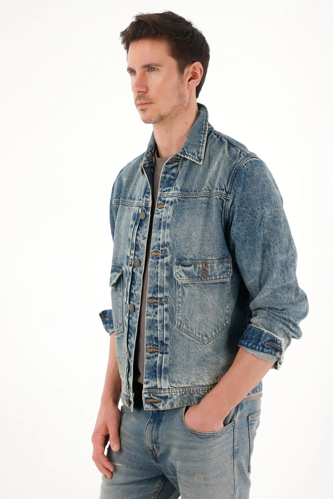 Men's Denim Jacket with Pocket Flaps