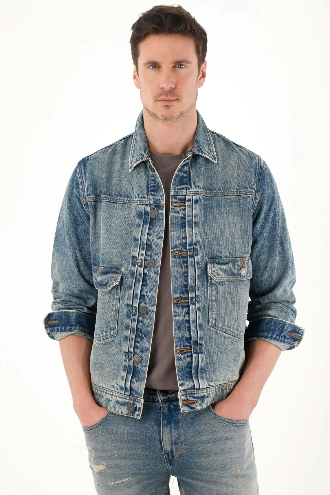 Men's Denim Jacket with Pocket Flaps - Image 2