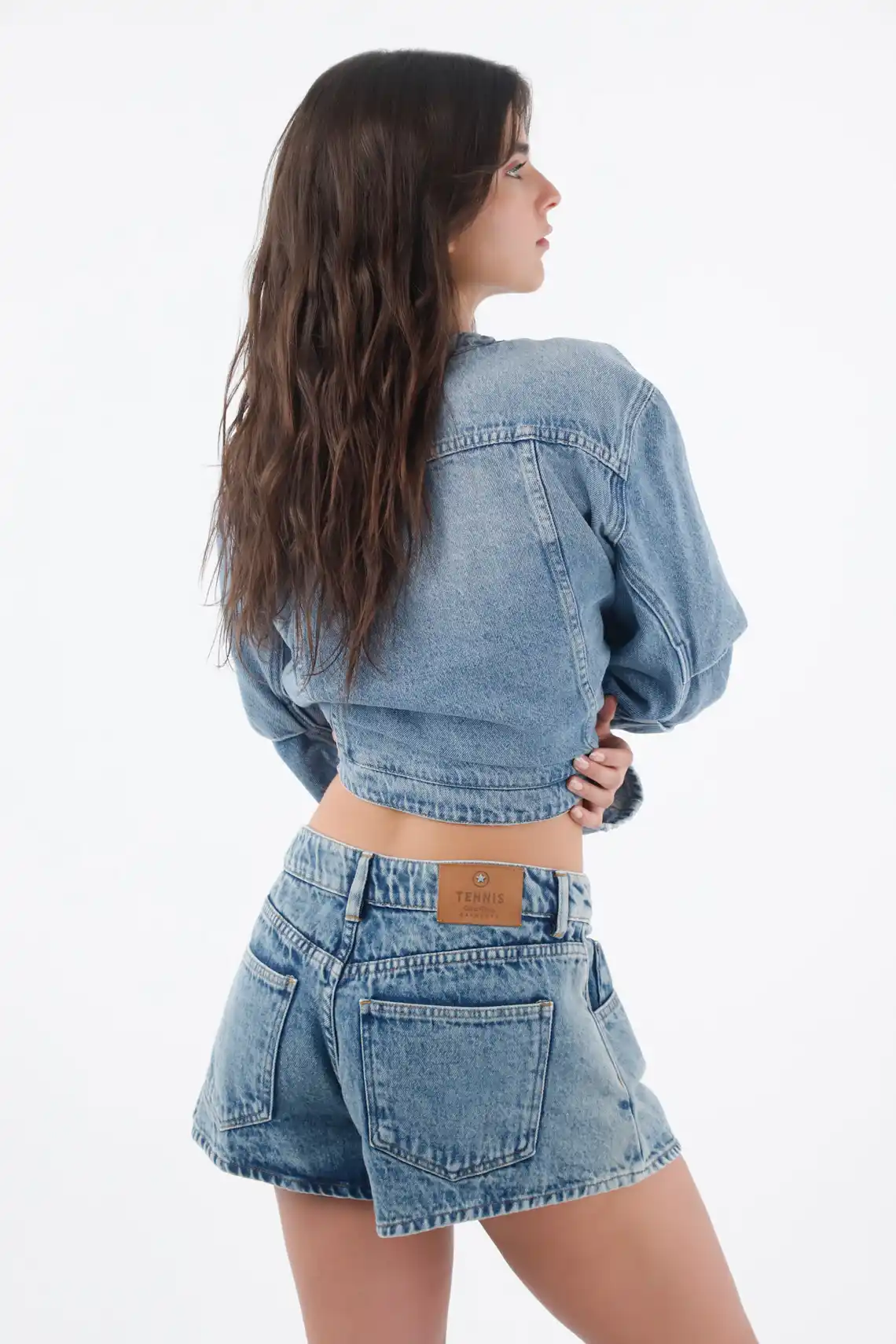 Light Blue Denim Bermuda Shorts for Women with Curved Hem - Image 5