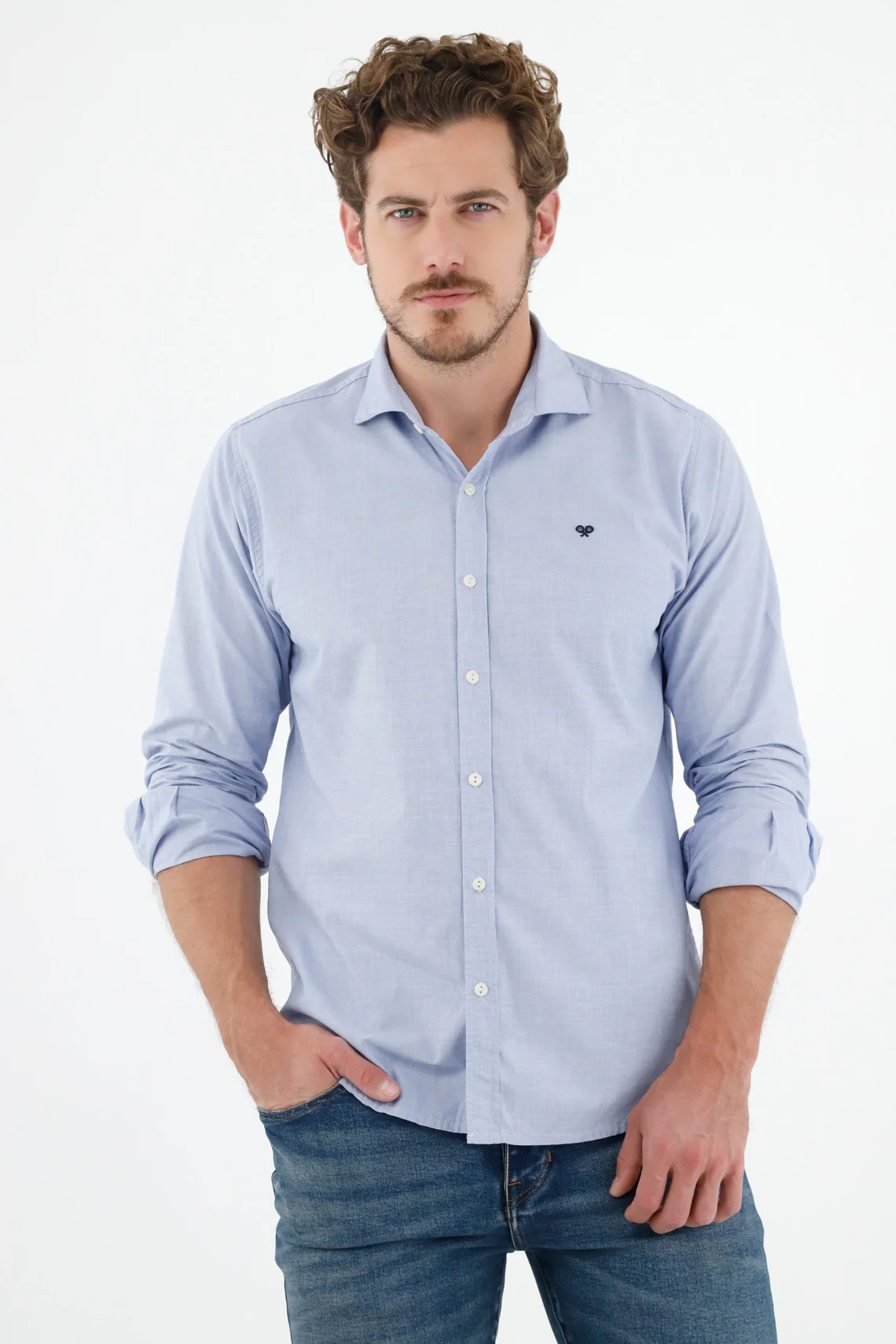 Men's Blue French Collar Shirt - Image 2