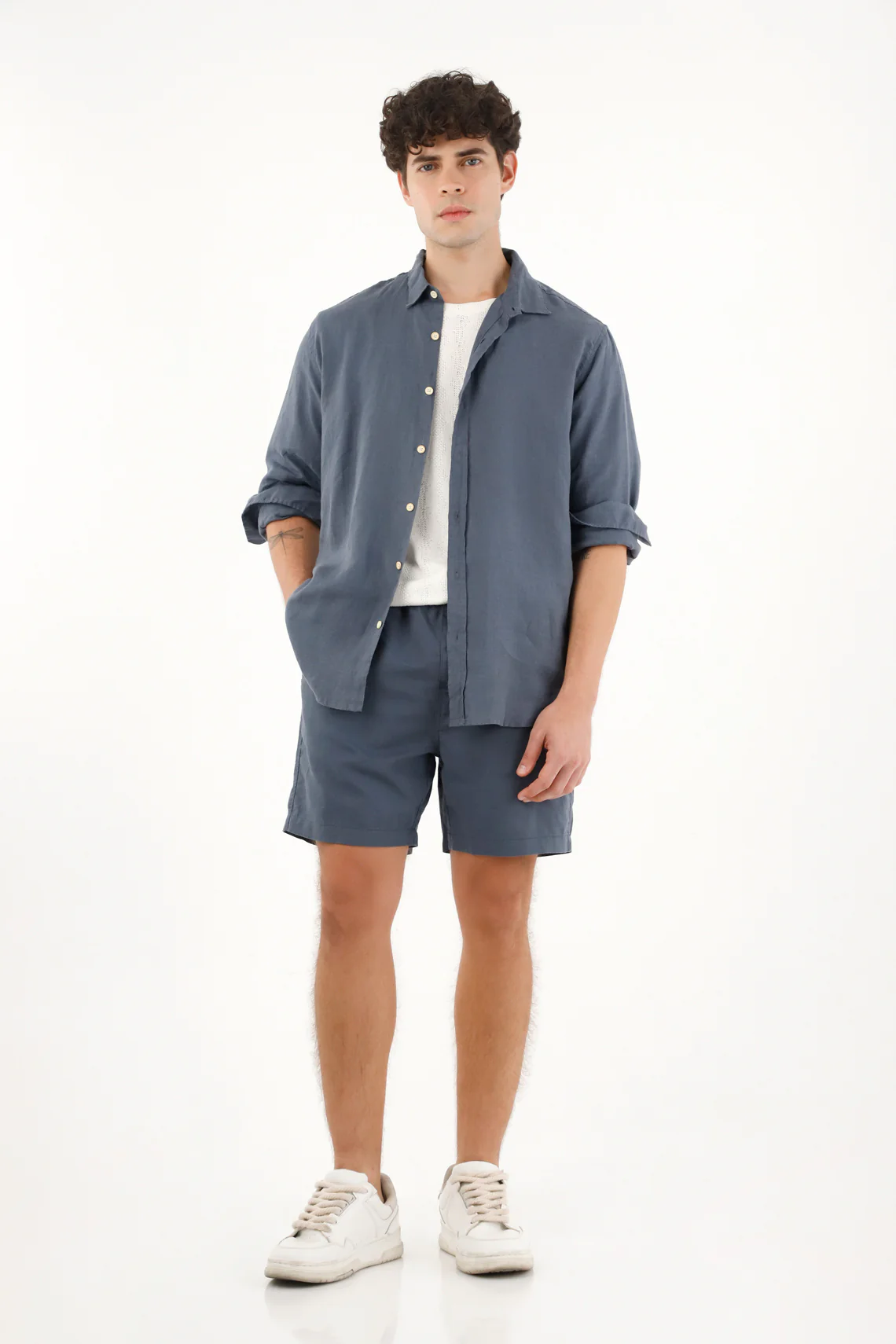 Men's 100% Linen Long Sleeve Blue Shirt - Image 2