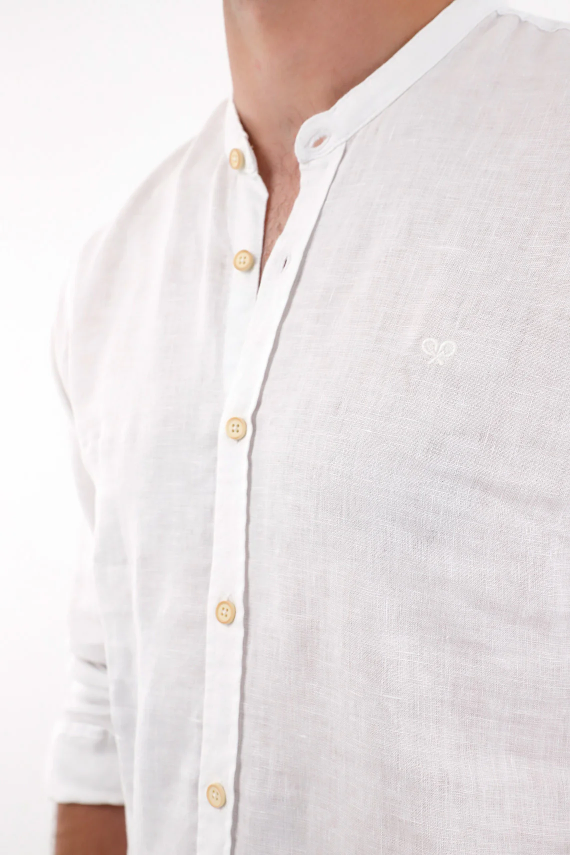 White 100% Linen Men's Nehru Collar Shirt - Image 3