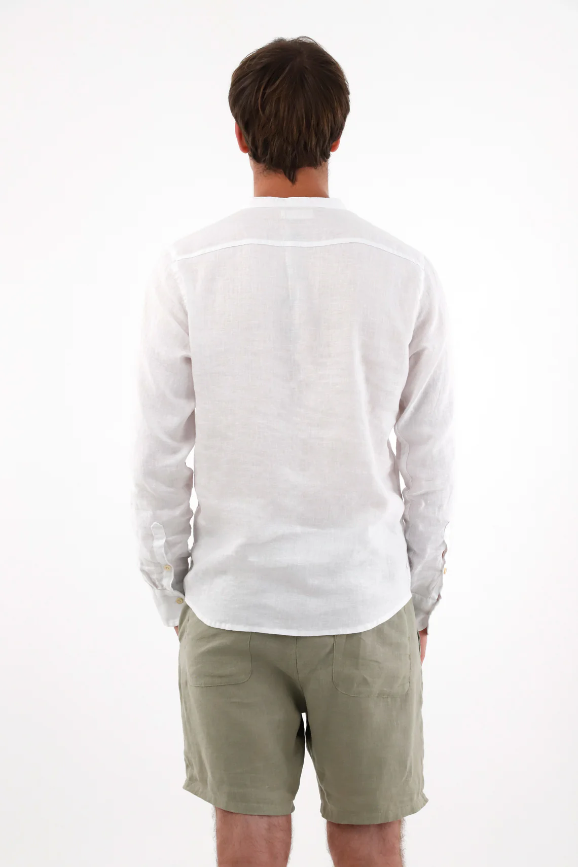 White 100% Linen Men's Nehru Collar Shirt - Image 4