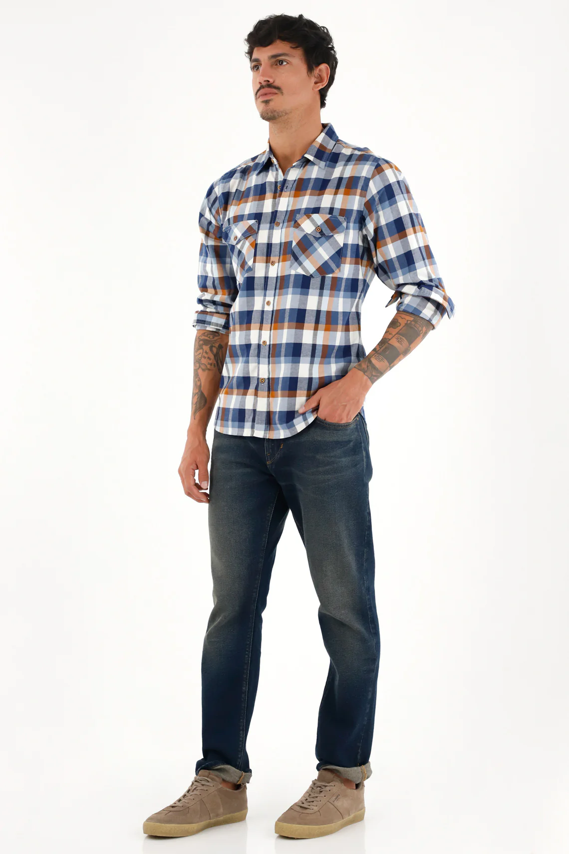 Blue Wooden Buttoned Flannel Shirt for Men - Image 3
