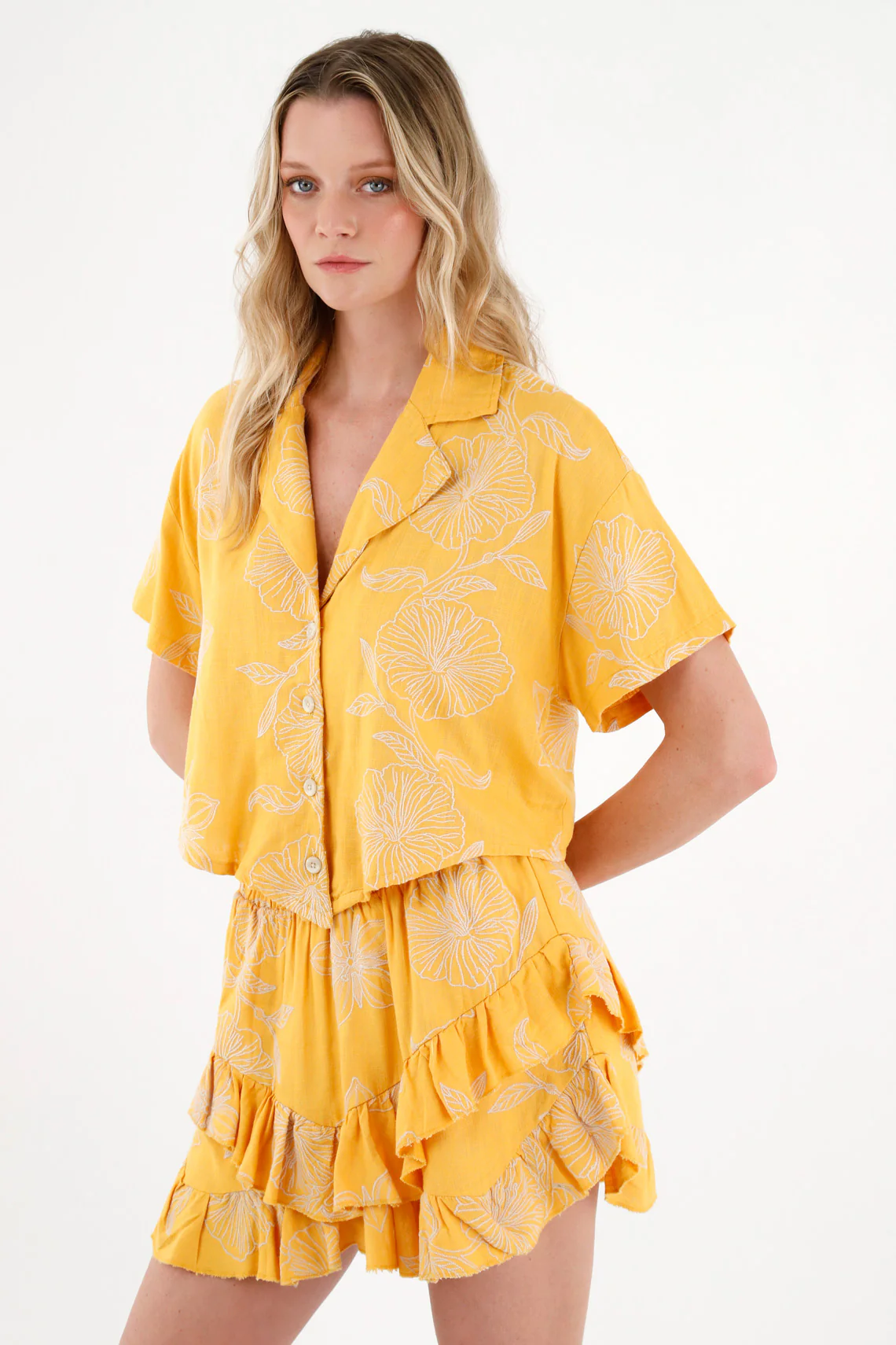 Women's Yellow Shirt with Floral Embroidery