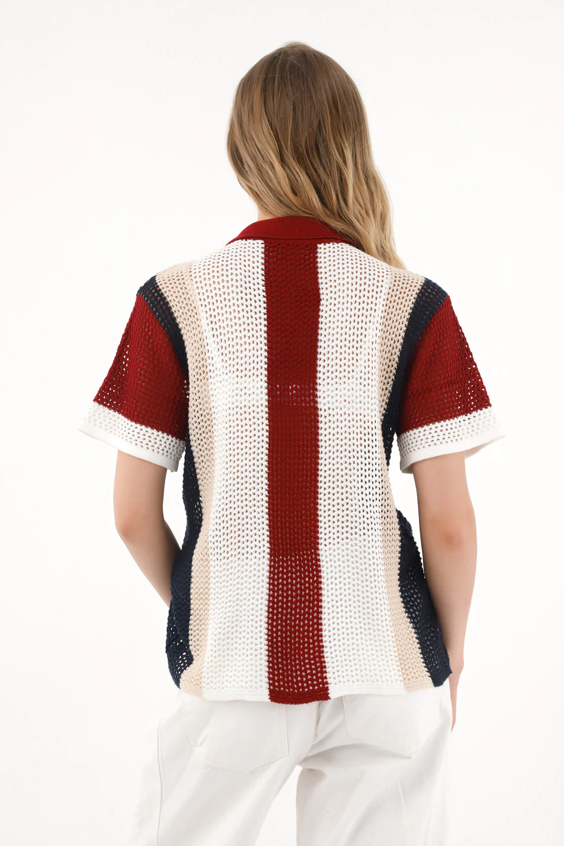 Women's cream knit shirt with striped design - Image 4