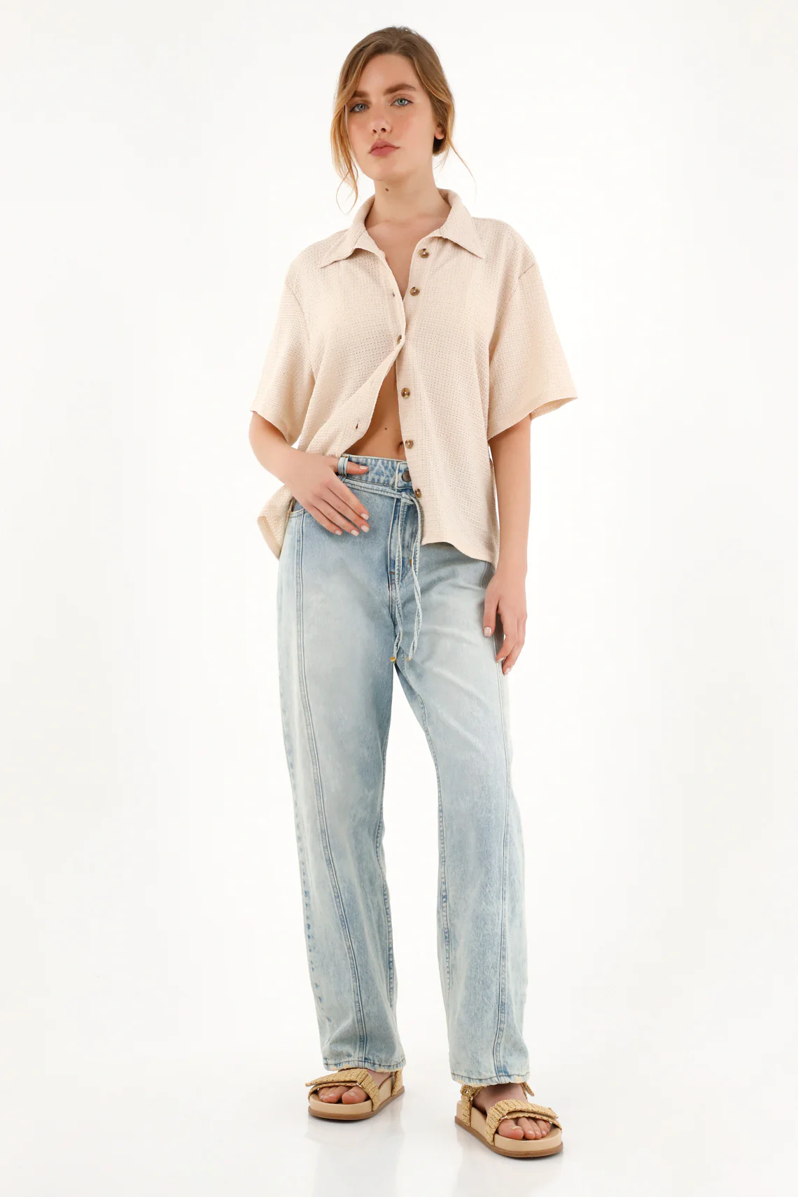 Women's Short Sleeve Textured Fabric Shirt in Off-White