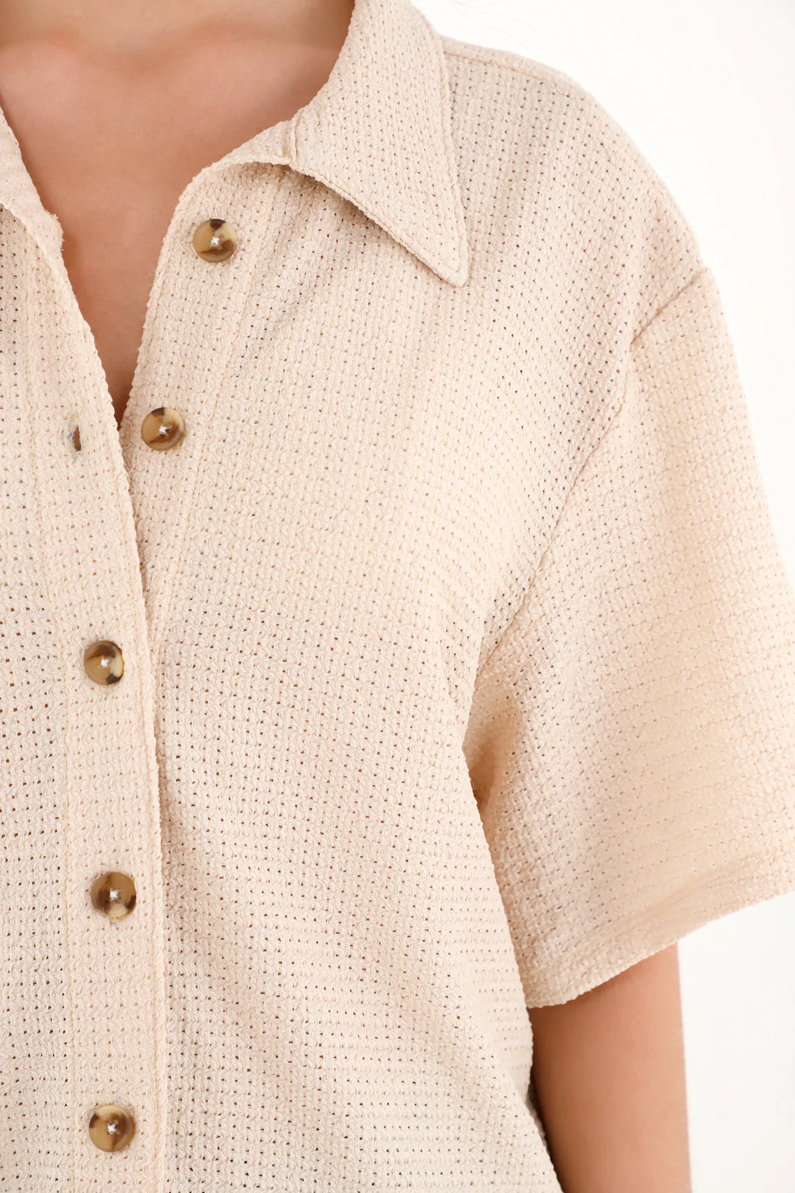 Women's Short Sleeve Textured Fabric Shirt in Off-White - Image 3