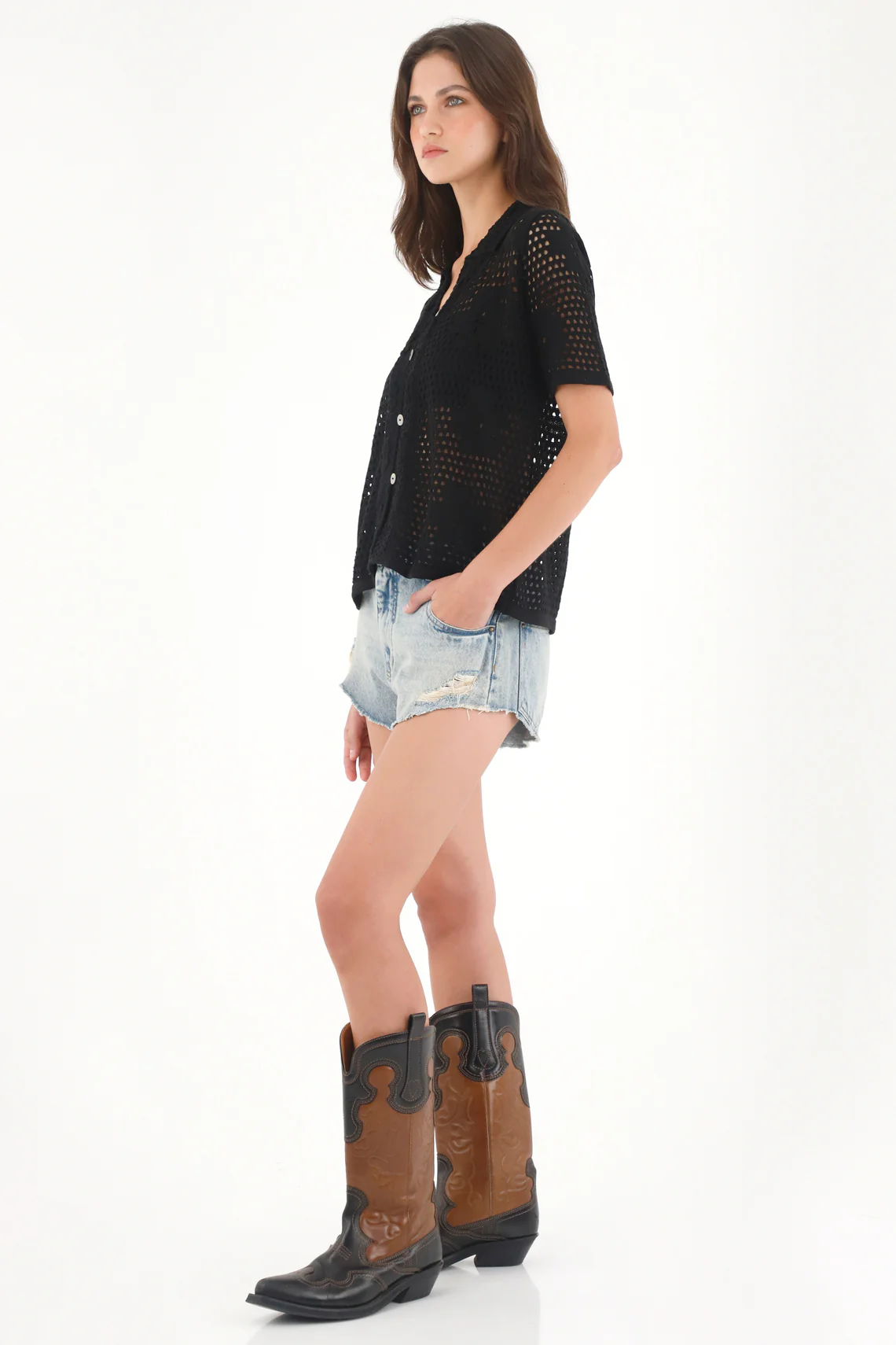 Women's Black Floral Open Weave Shirt - Image 2