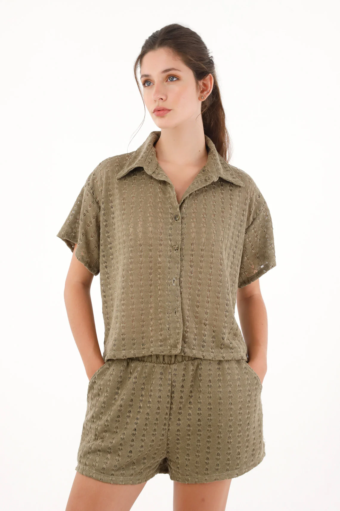 Women's Short Sleeve Woven Green Shirt - Image 3
