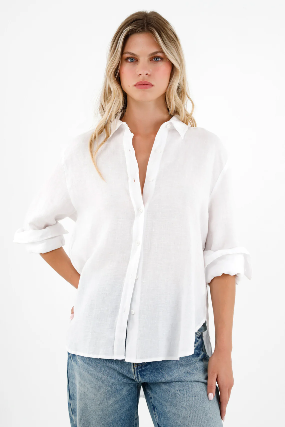 Women's White 100% Linen Long Sleeve Shirt - Image 2