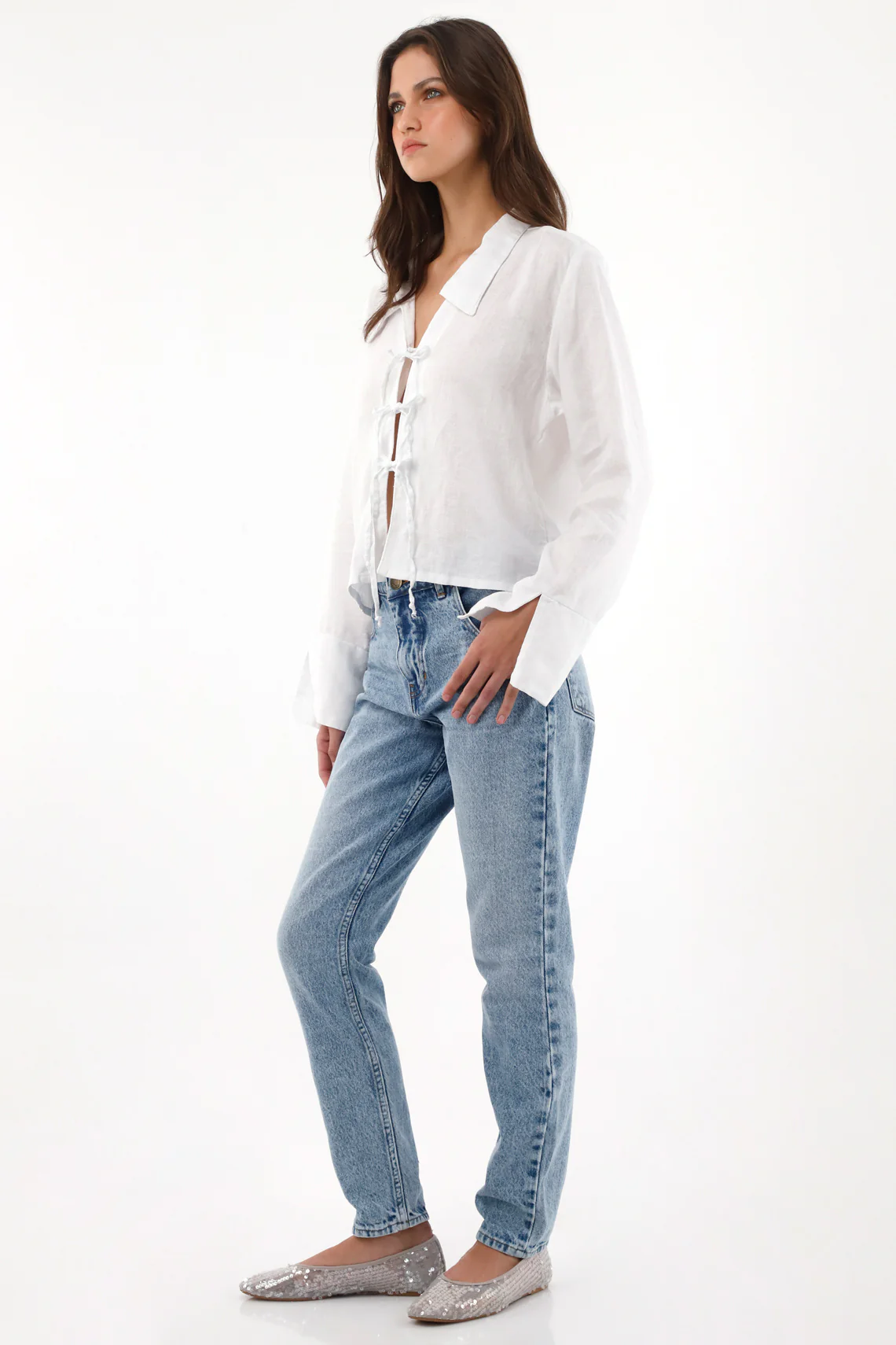 Women's 100% Linen Shirt with Front Ties in White