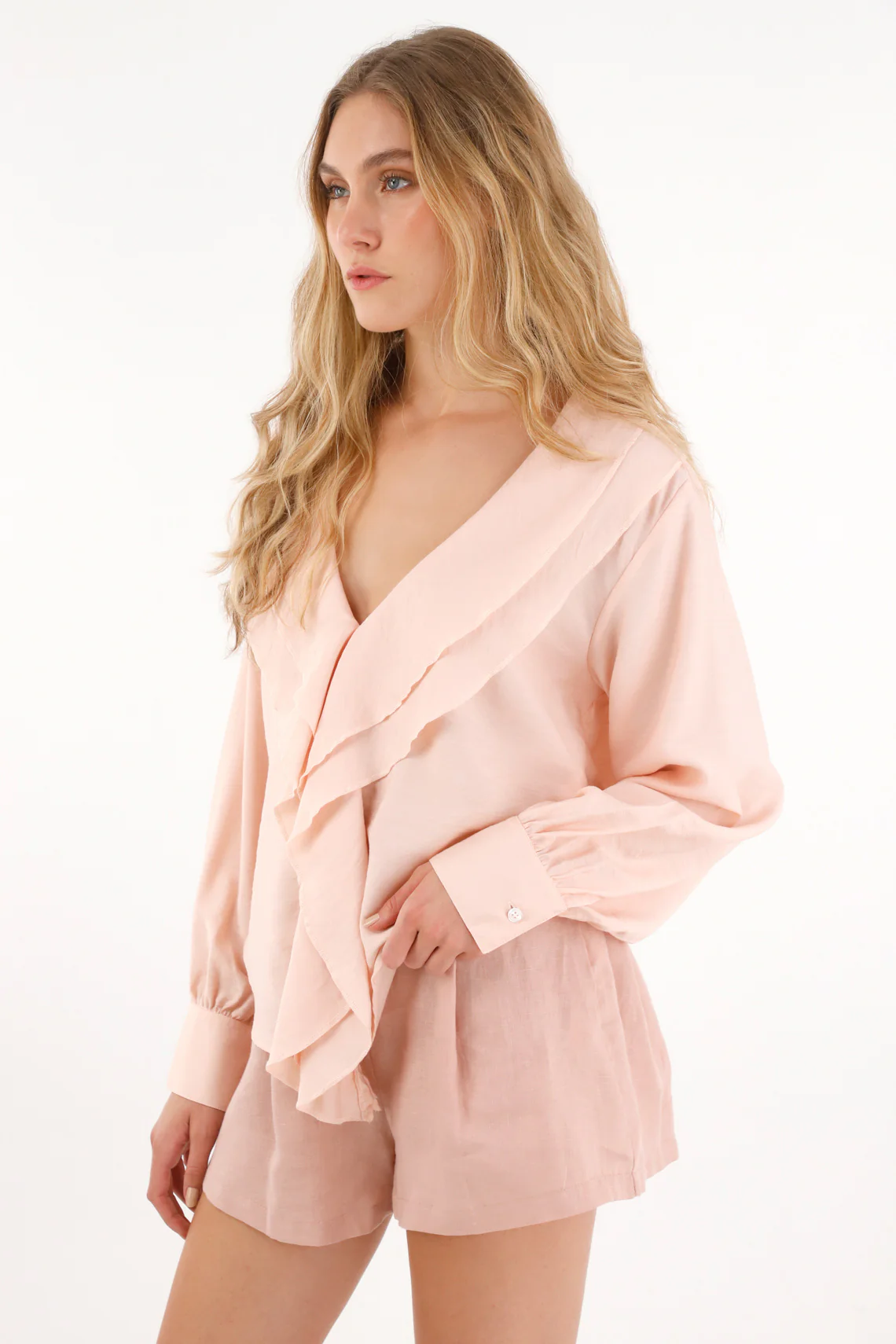 Women's Ivory V-Neck Blouse with Cascading Ruffles