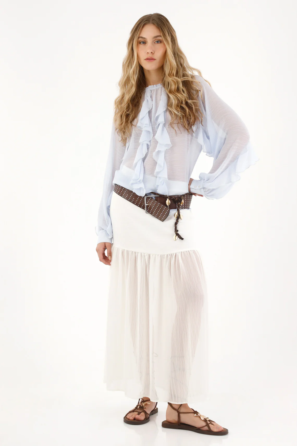 Women's Blue Ruffled Sheer Blouse - Image 2