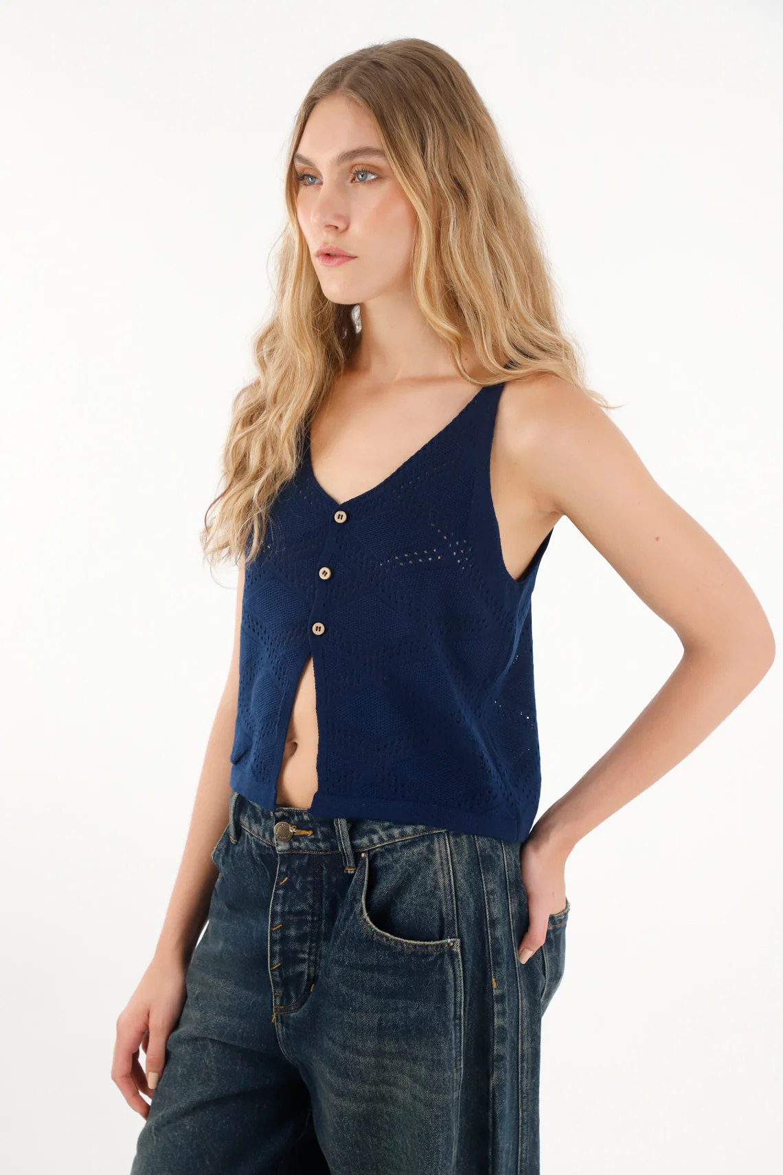 Women's Blue Button-Up Knit Shirt - Image 2