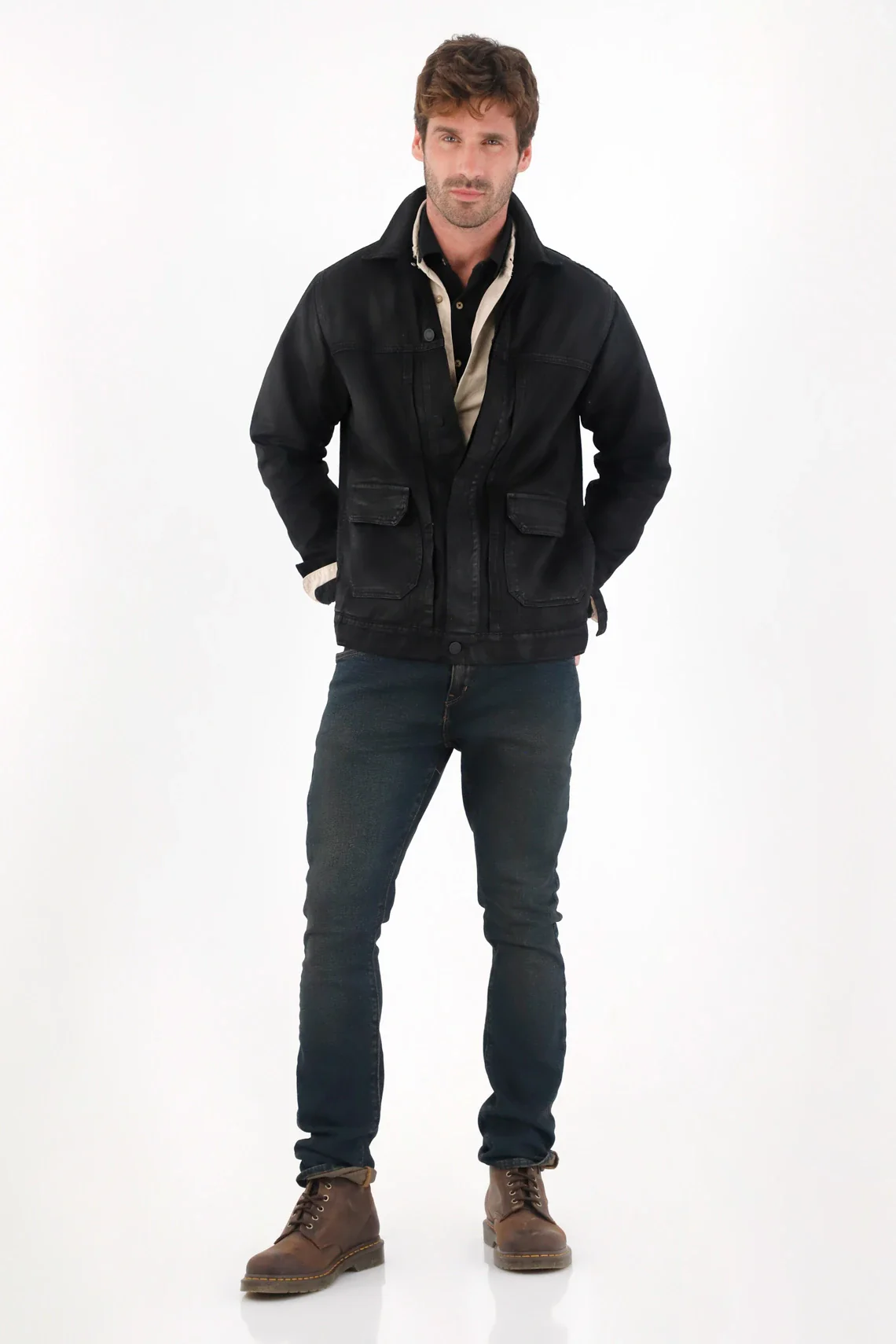 Black Resin Coated Bull Denim Jacket for Men - Image 2