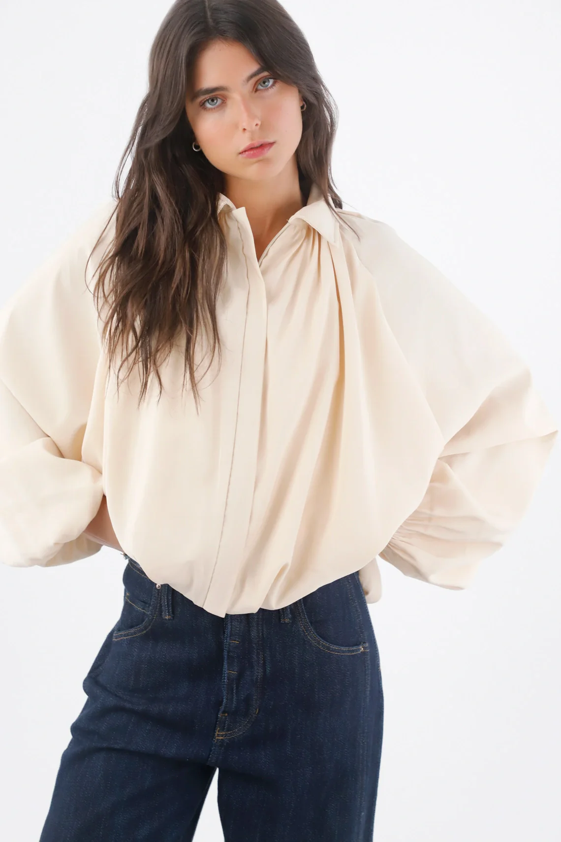 Blouse for Women in Soft Ivory Fabric, Loose Fit with Pleats