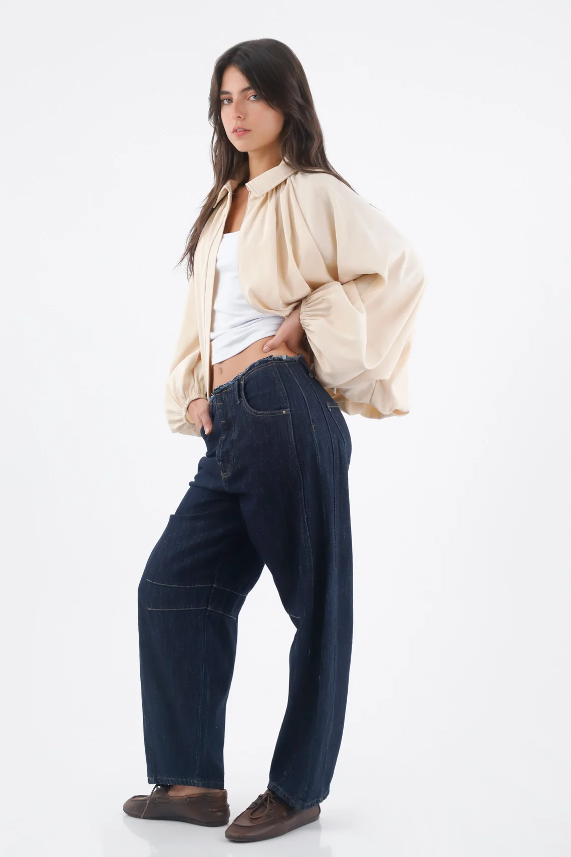 Blouse for Women in Soft Ivory Fabric, Loose Fit with Pleats - Image 2