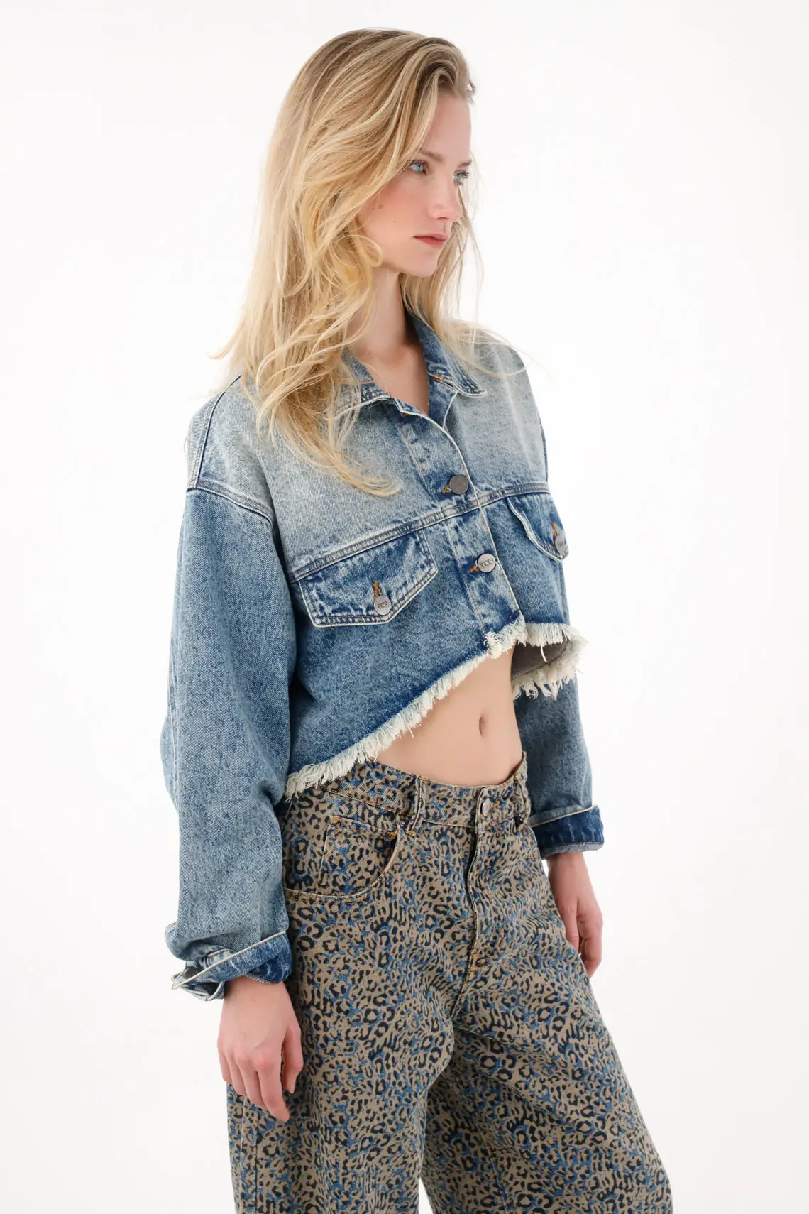Crop Jacket with Cut Hem in Denim for Women