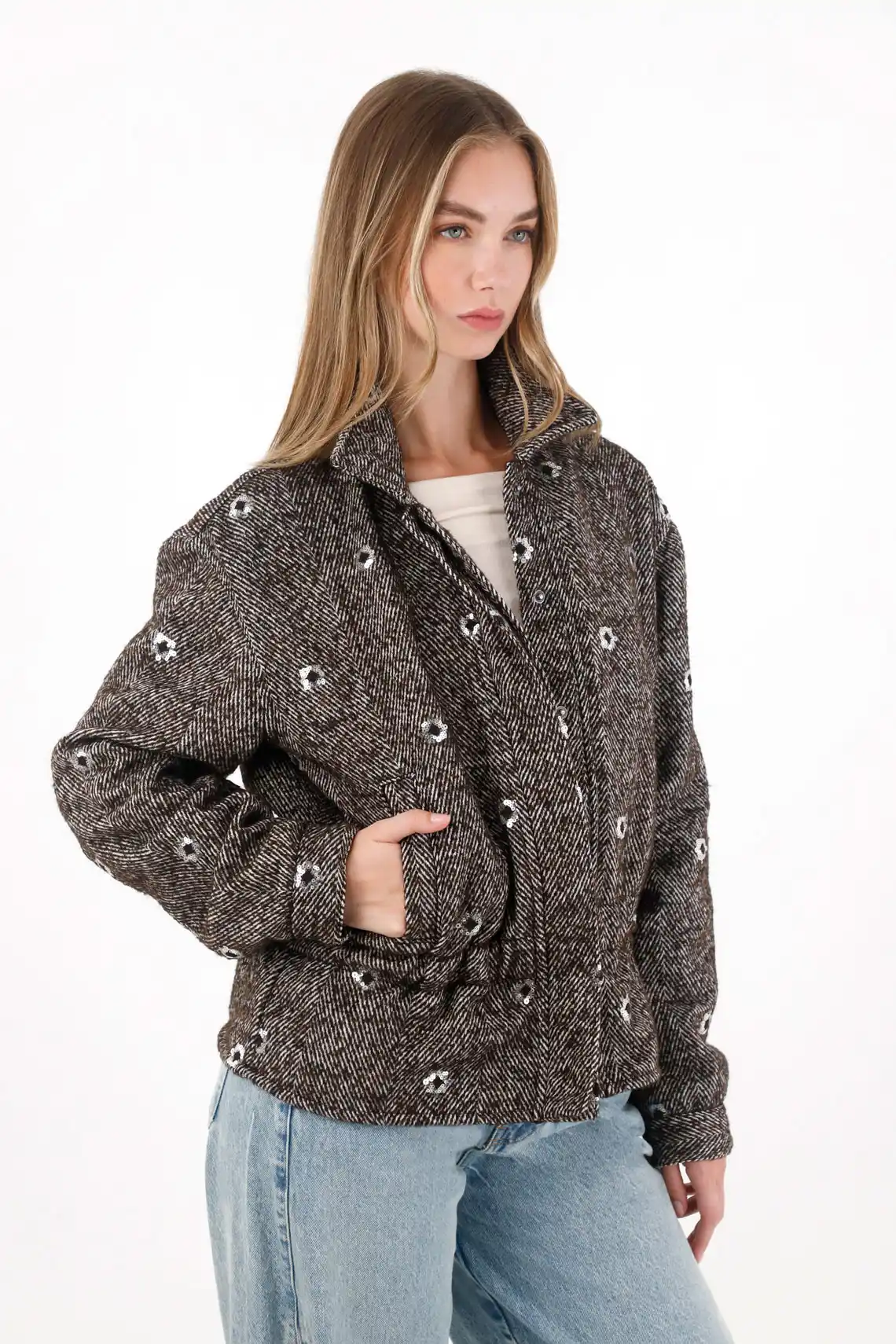 Shiny Effect Jacket with Brown Sequins for Women - Image 4