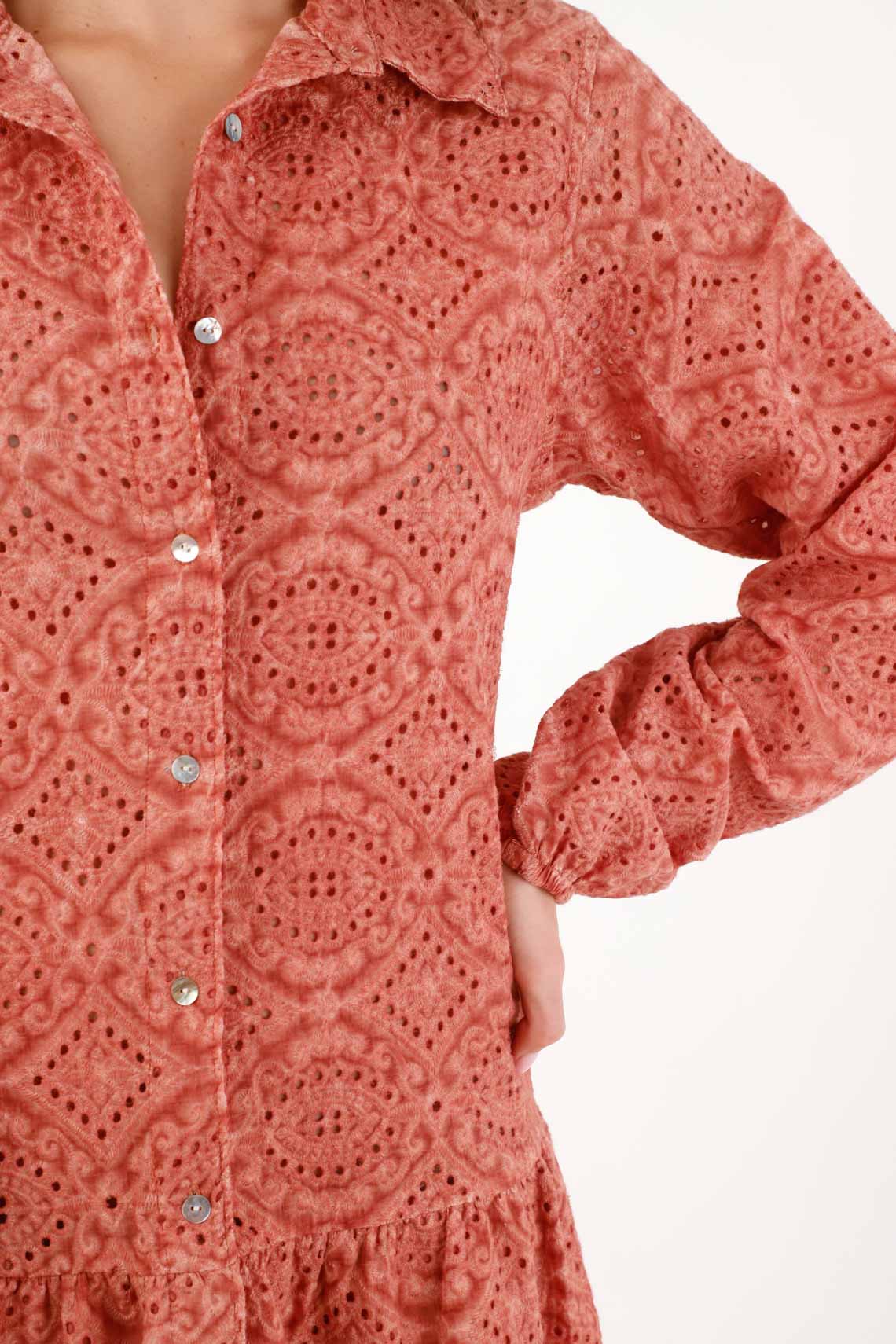 Relaxed Shirt Dress with Geometric Broderie in Terracotta Cotton for Women - Image 3