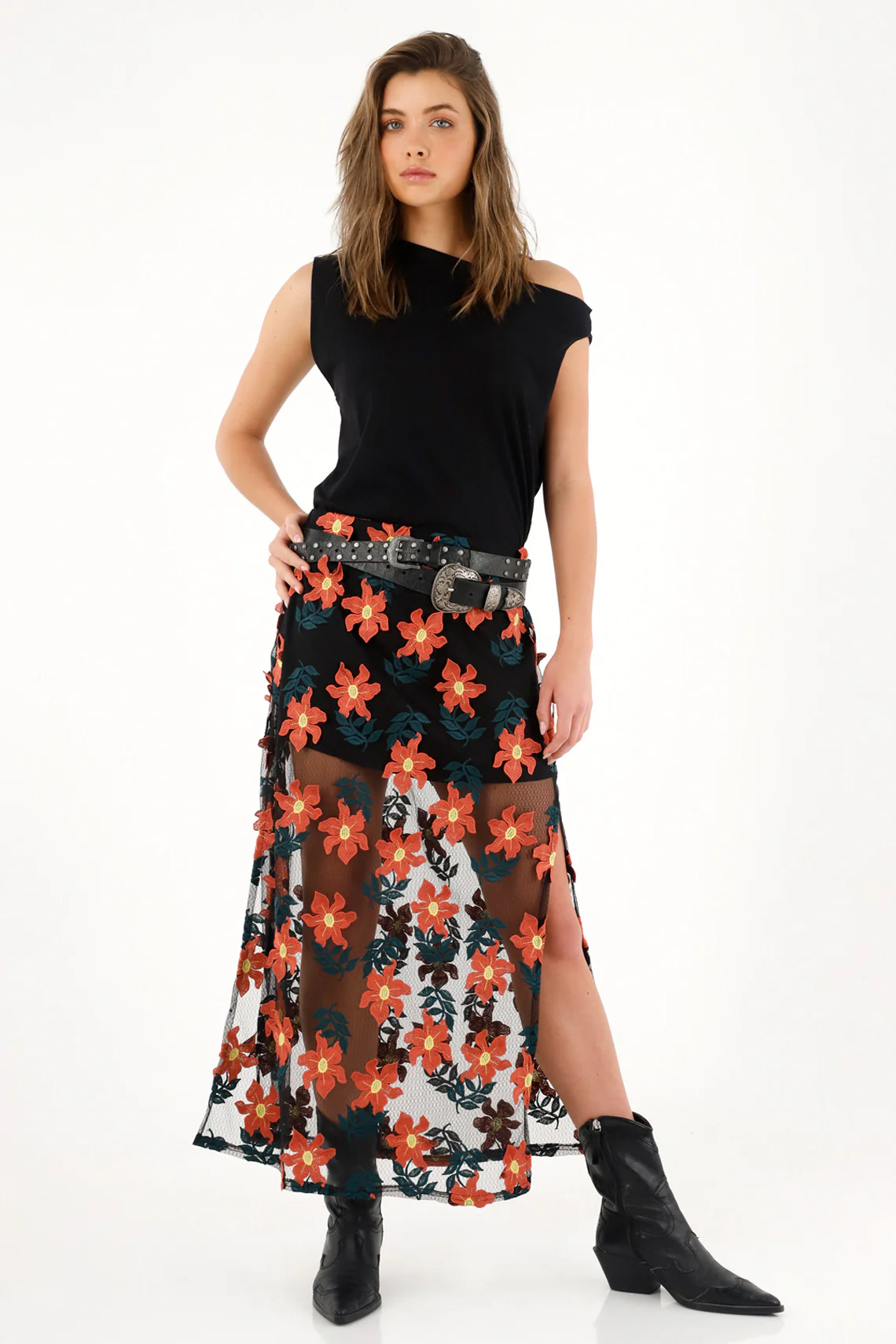 Women's Long Skirt with 3D Flower Embellishments - Image 2