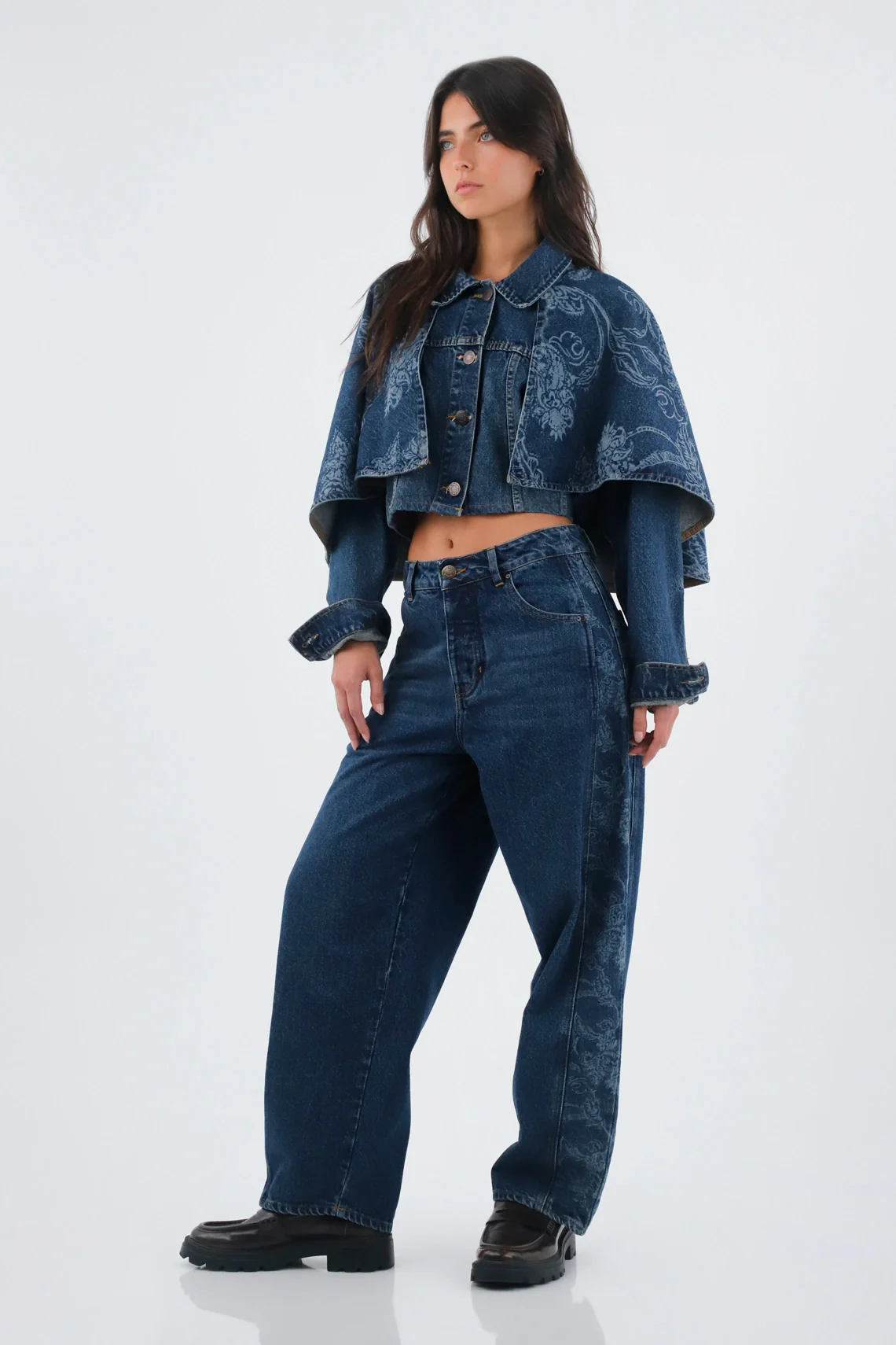 Women's Indigo Blue Short Cotton Jacket with Floral Layer - Image 2