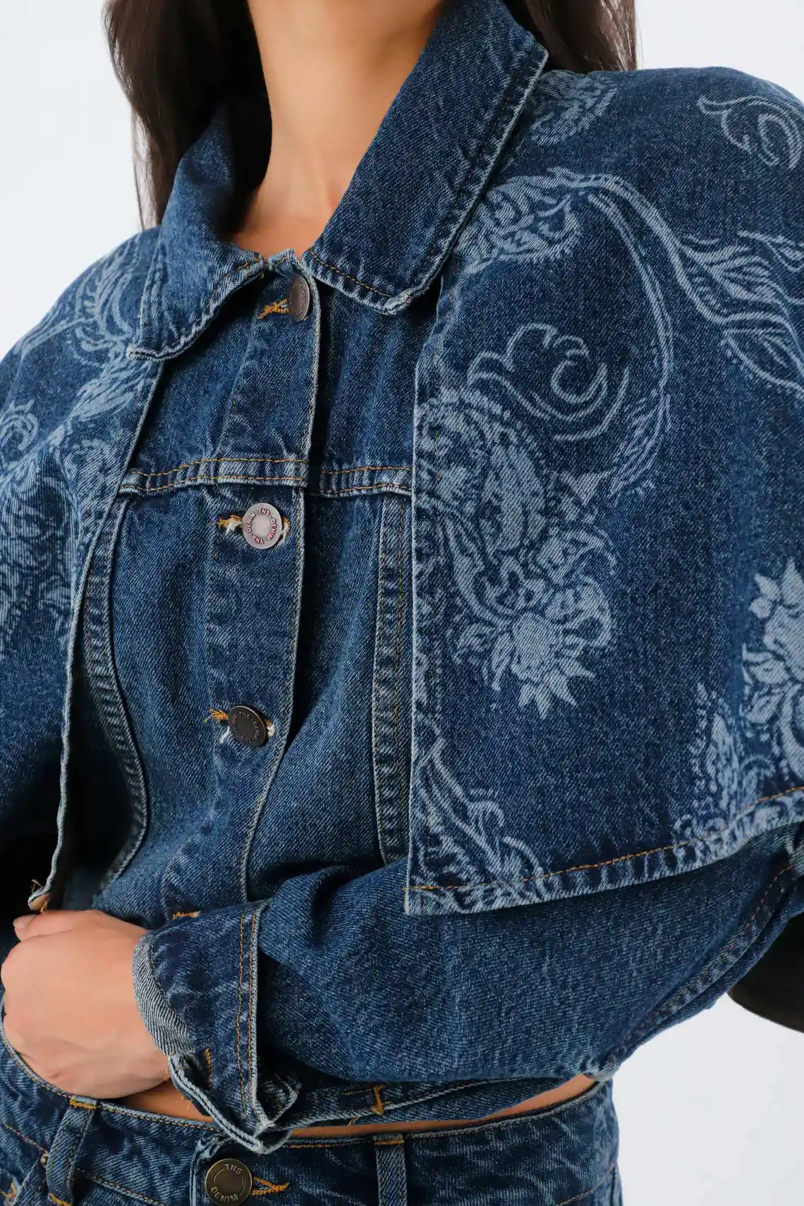 Women's Indigo Blue Short Cotton Jacket with Floral Layer - Image 3