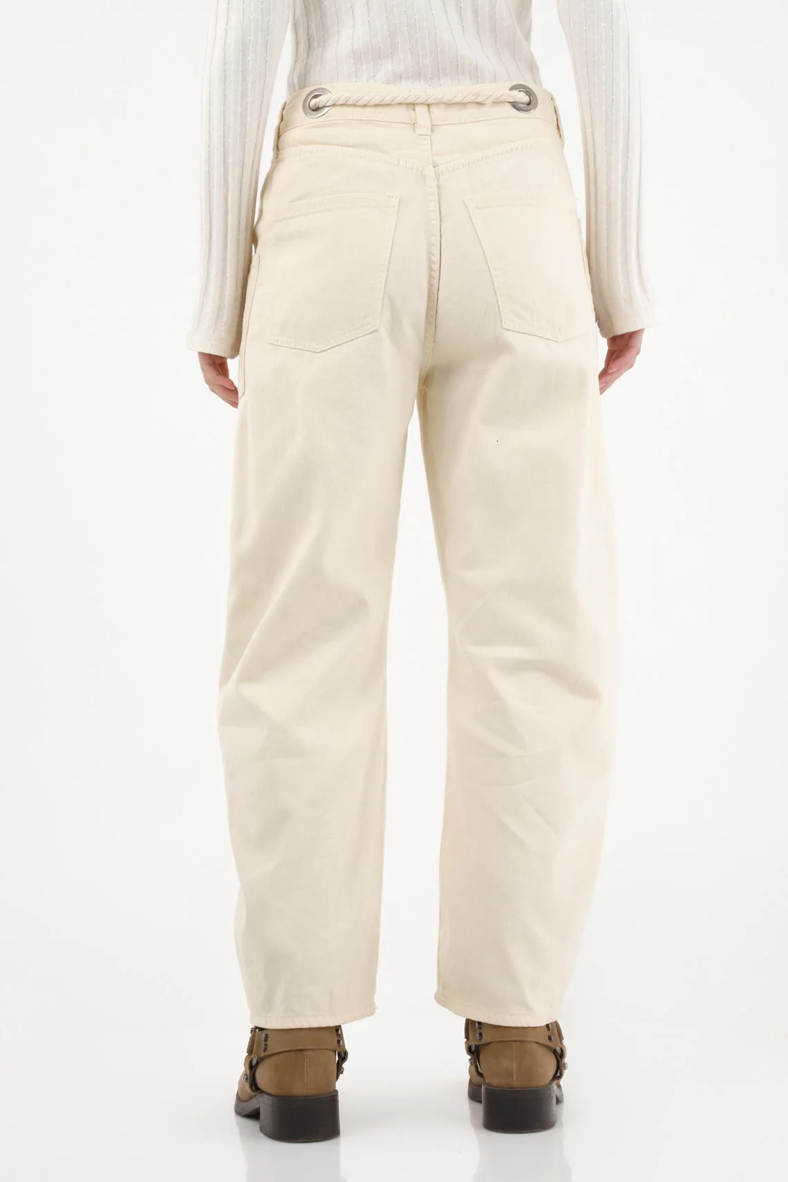 Beige Horseshoe Jeans with Eyelets for Women - Image 4