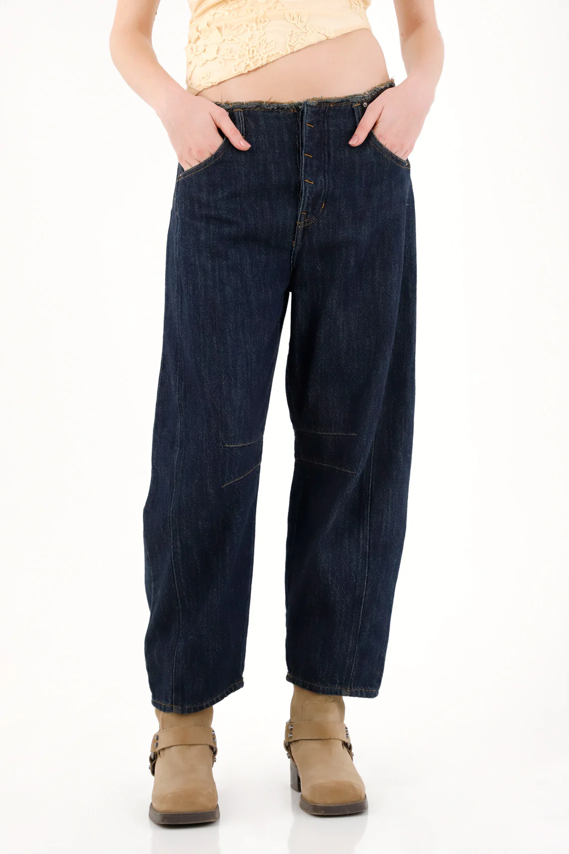 Women's Jean in Dark Blue Denim, Loose Fit with Frayed Waist