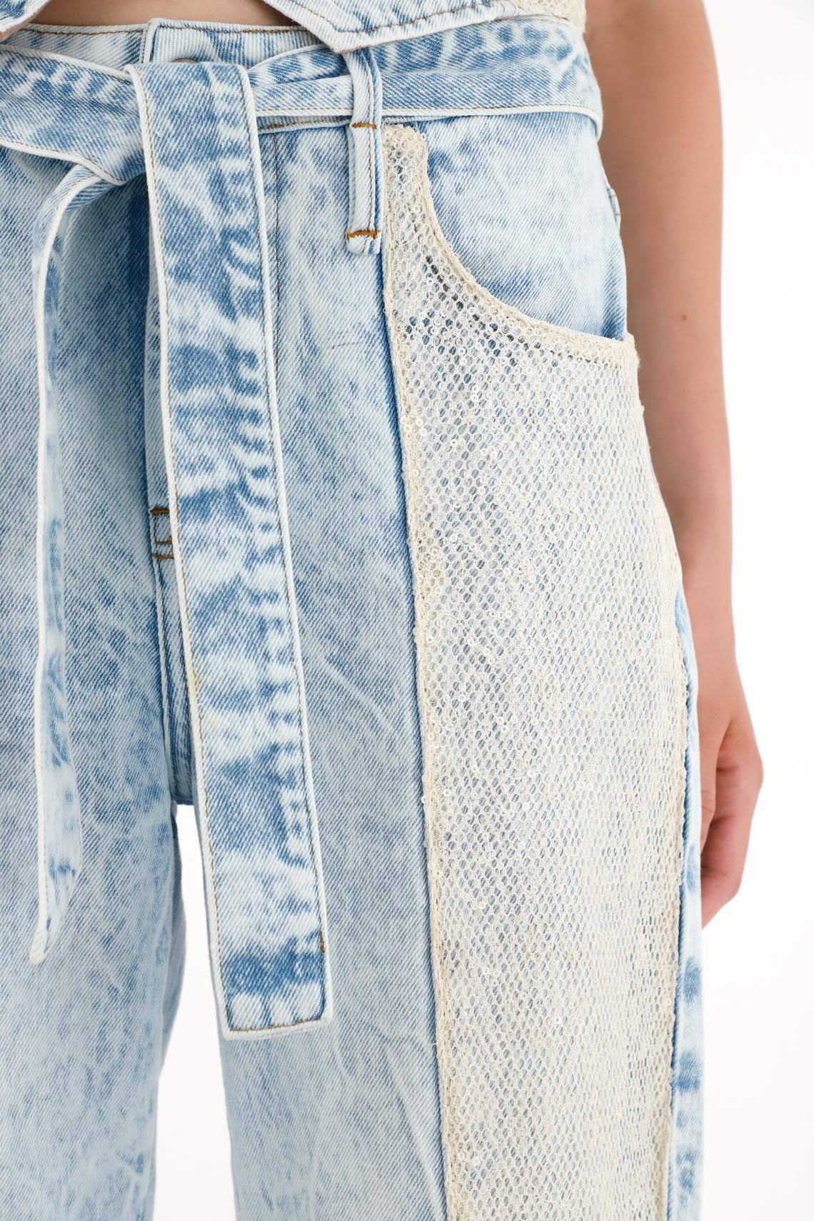 Women's Wide Leg Jeans with Mesh Detail and Shine - Image 3
