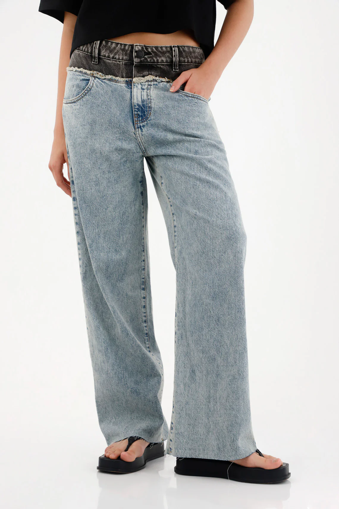 High-Waisted Wide Leg Jeans with Contrasting Waistband for Women