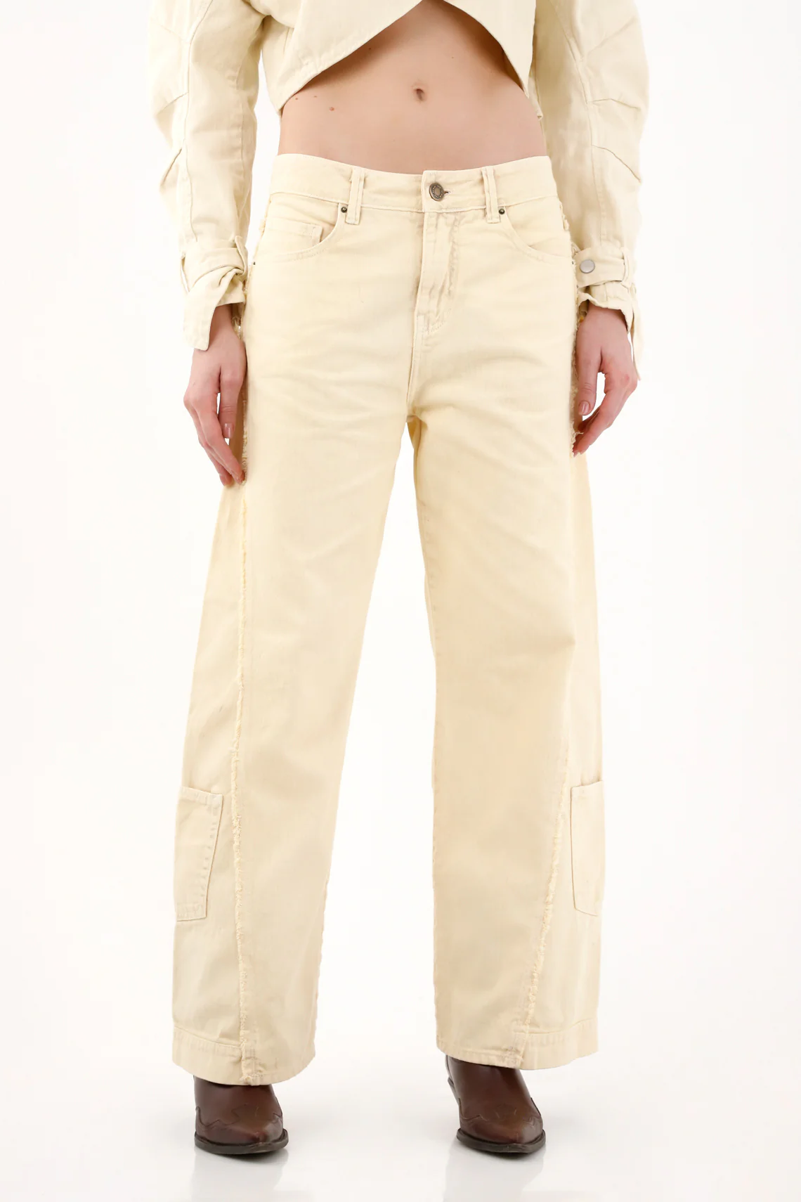Women's Yellow Wide Leg Jeans with Frayed Cuts - Image 2