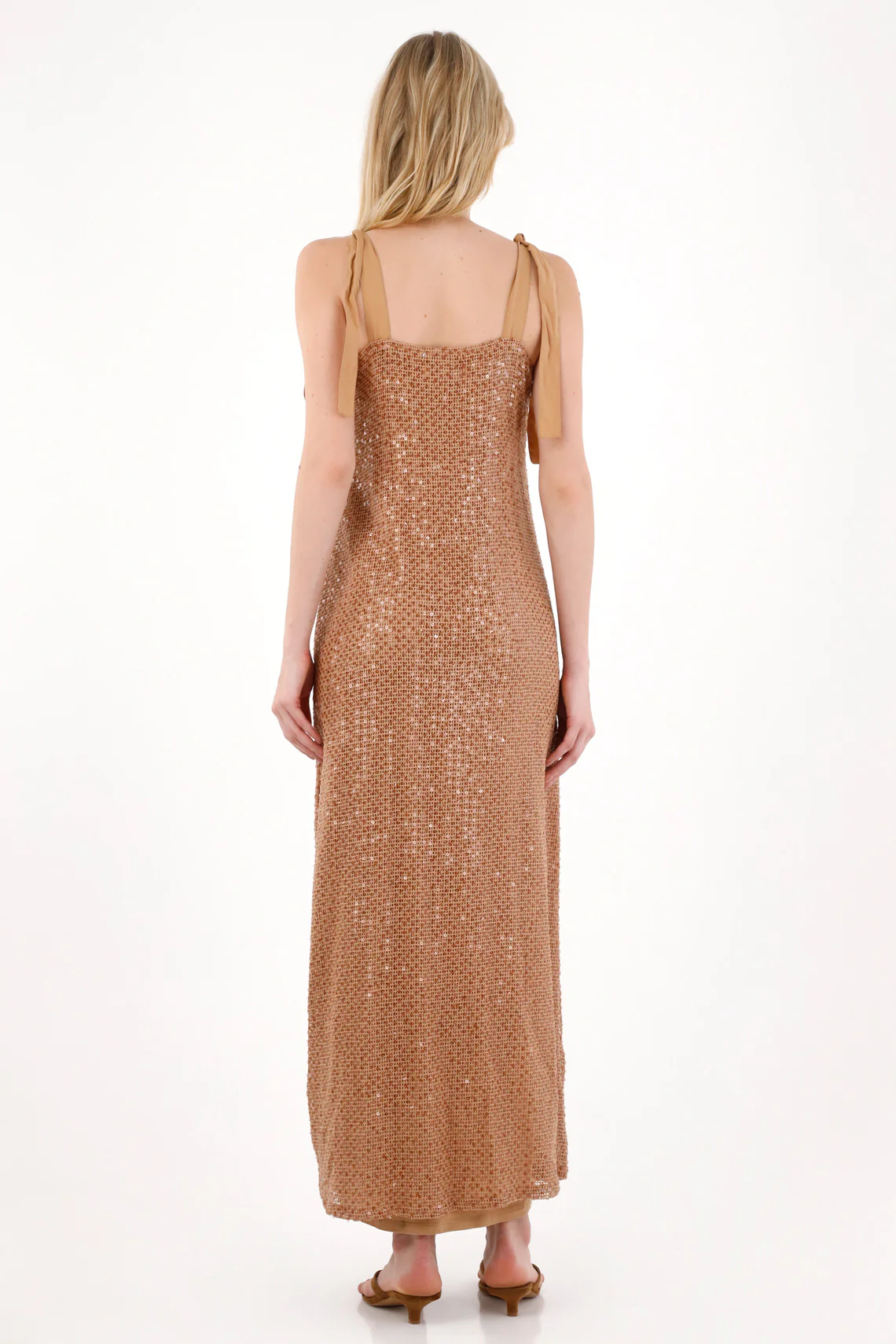 Long dress with coffee sequins details for women - Image 4
