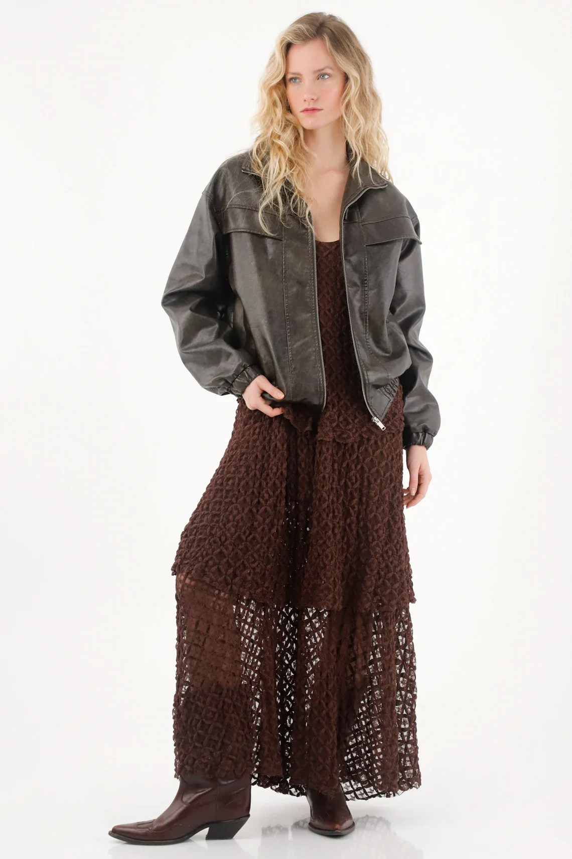 Long Dress with Ruffles in Brown for Women