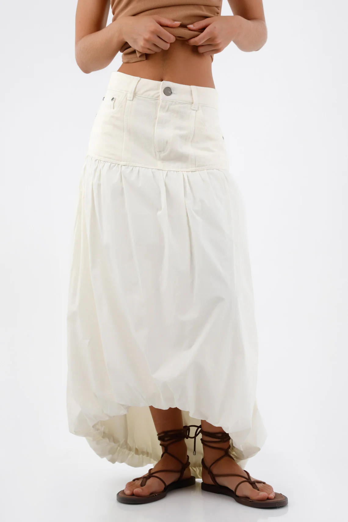 Long Cotton Skirt for Women in White Bubble with Gather