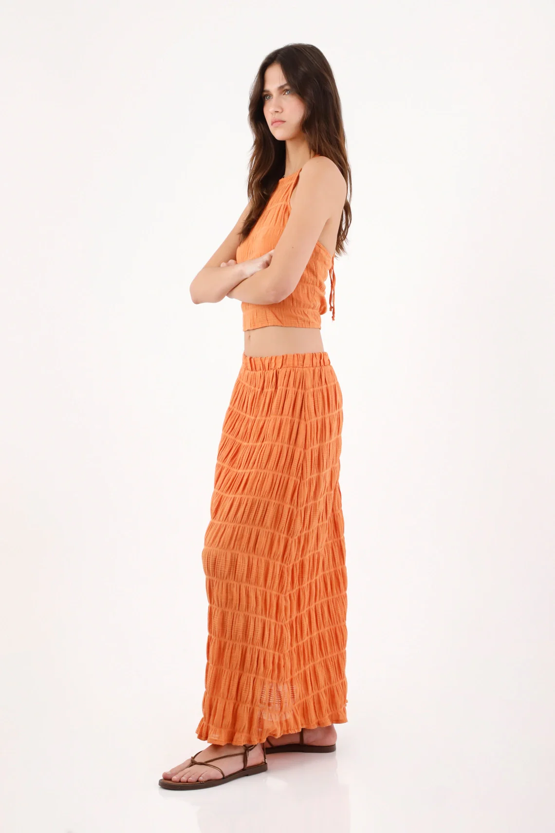 Long Skirt for Women in Orange Polyester with Fluid Fit and Wrinkled Stripe Texture - Image 2