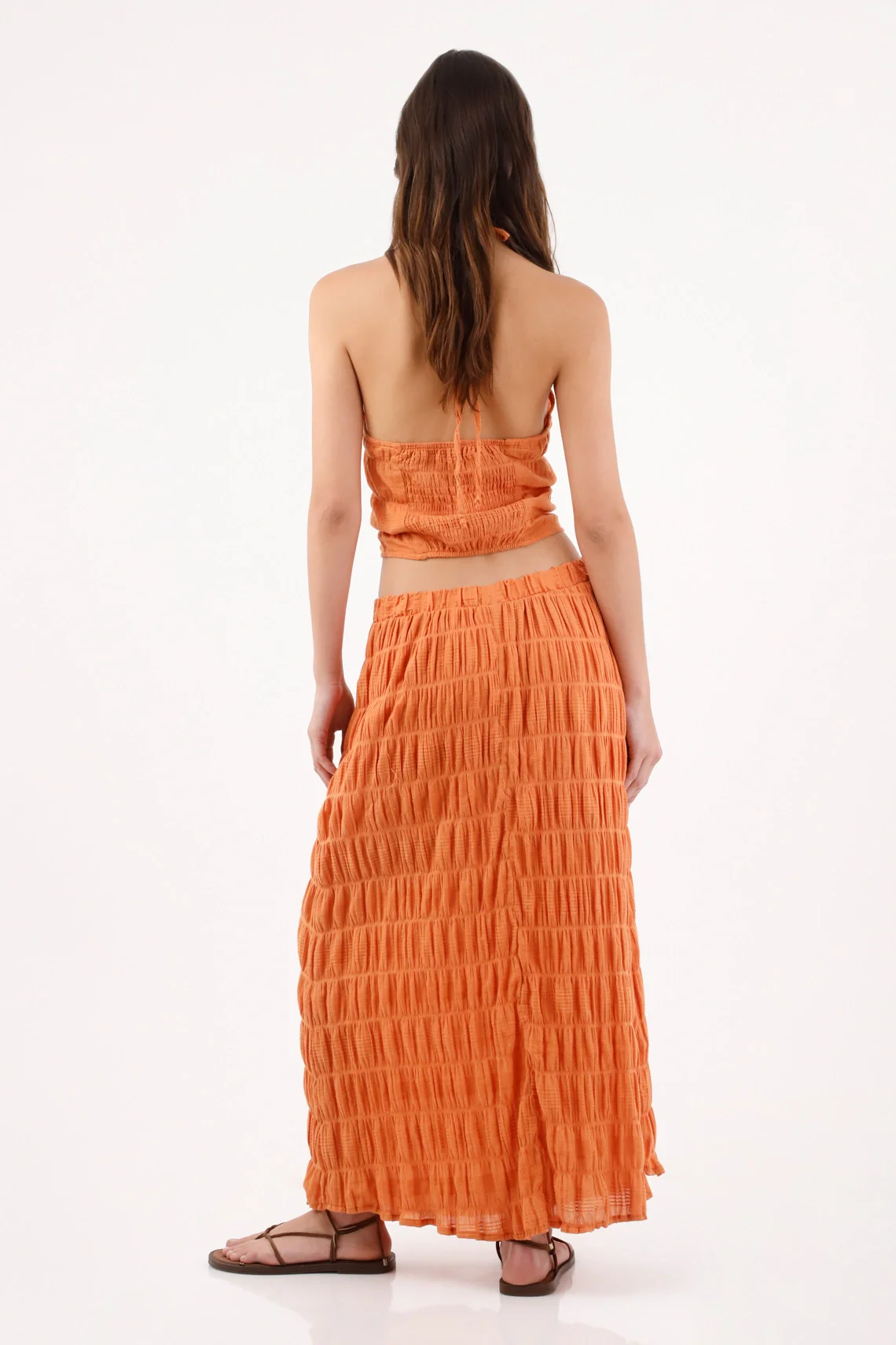 Long Skirt for Women in Orange Polyester with Fluid Fit and Wrinkled Stripe Texture - Image 4