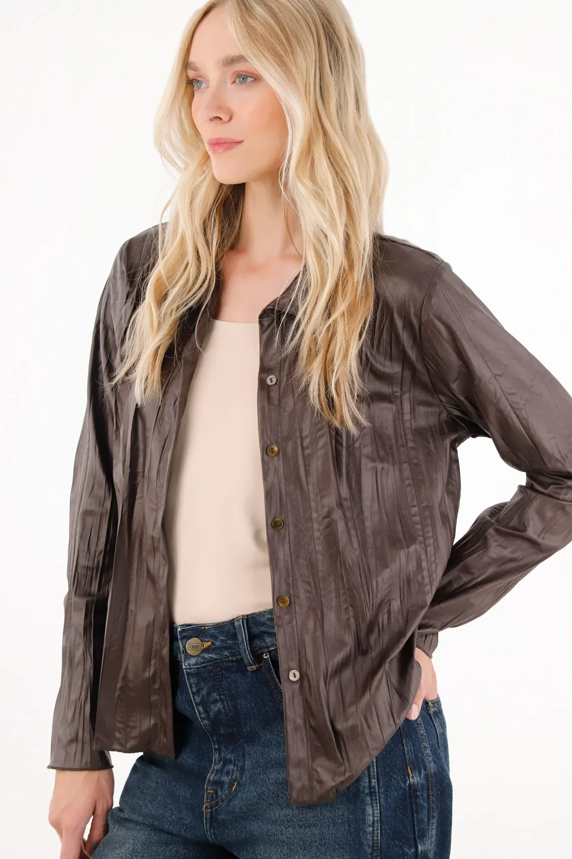 Long Sleeve Shirt in Brown Synthetic Fabric for Women