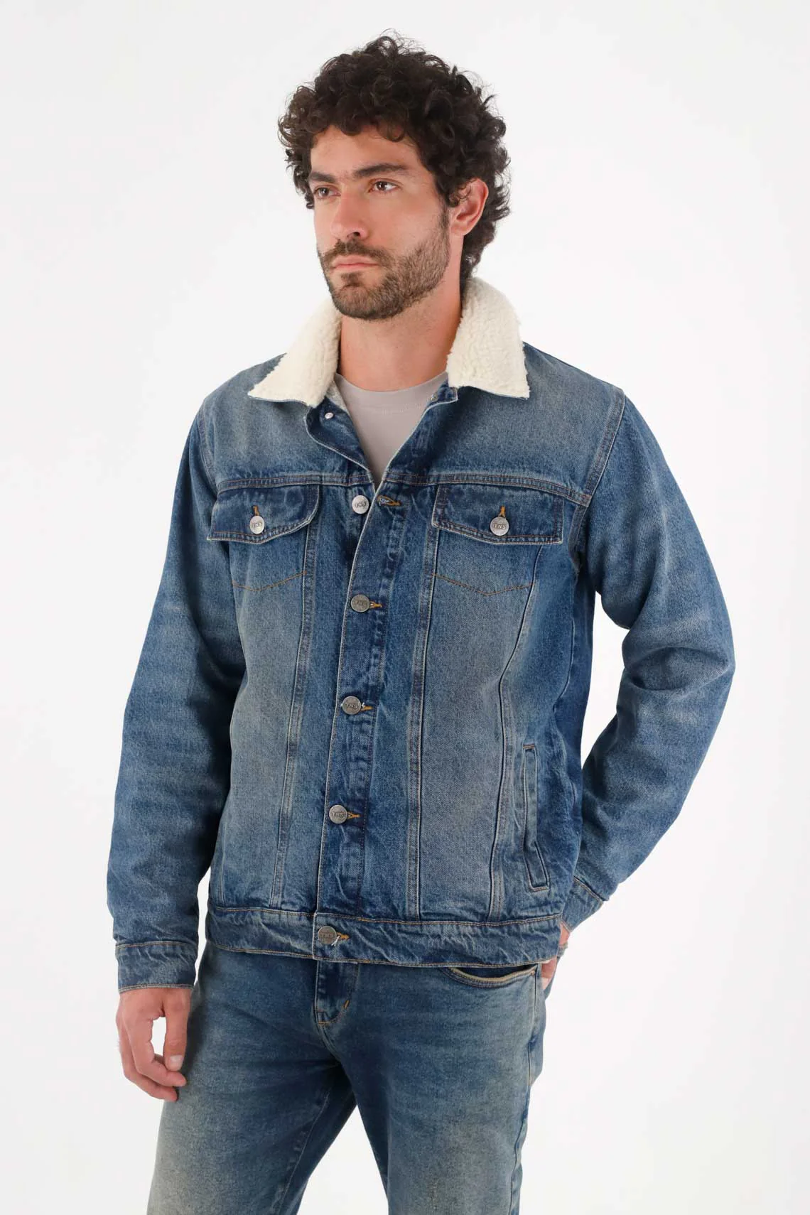 Men's Straight Fit Blue Cotton Coat with Sherpa