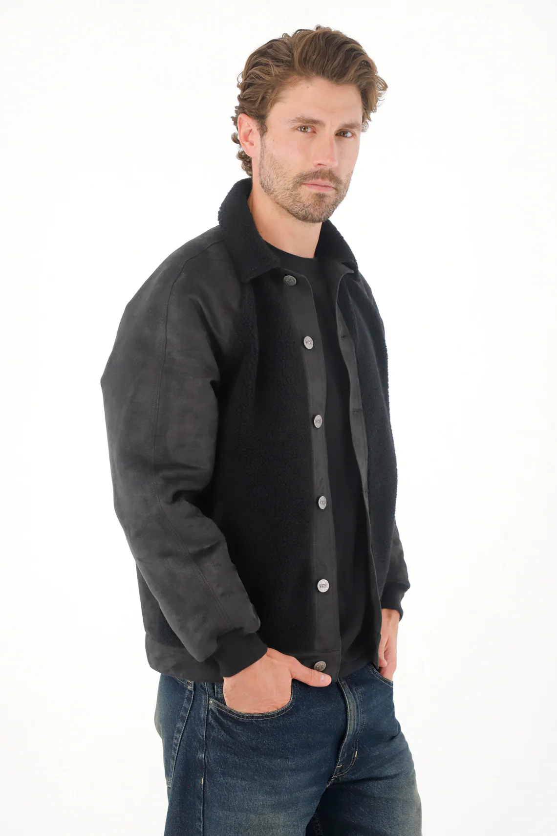 Men's Black Suede Bomber Jacket Regular Fit Sherpa