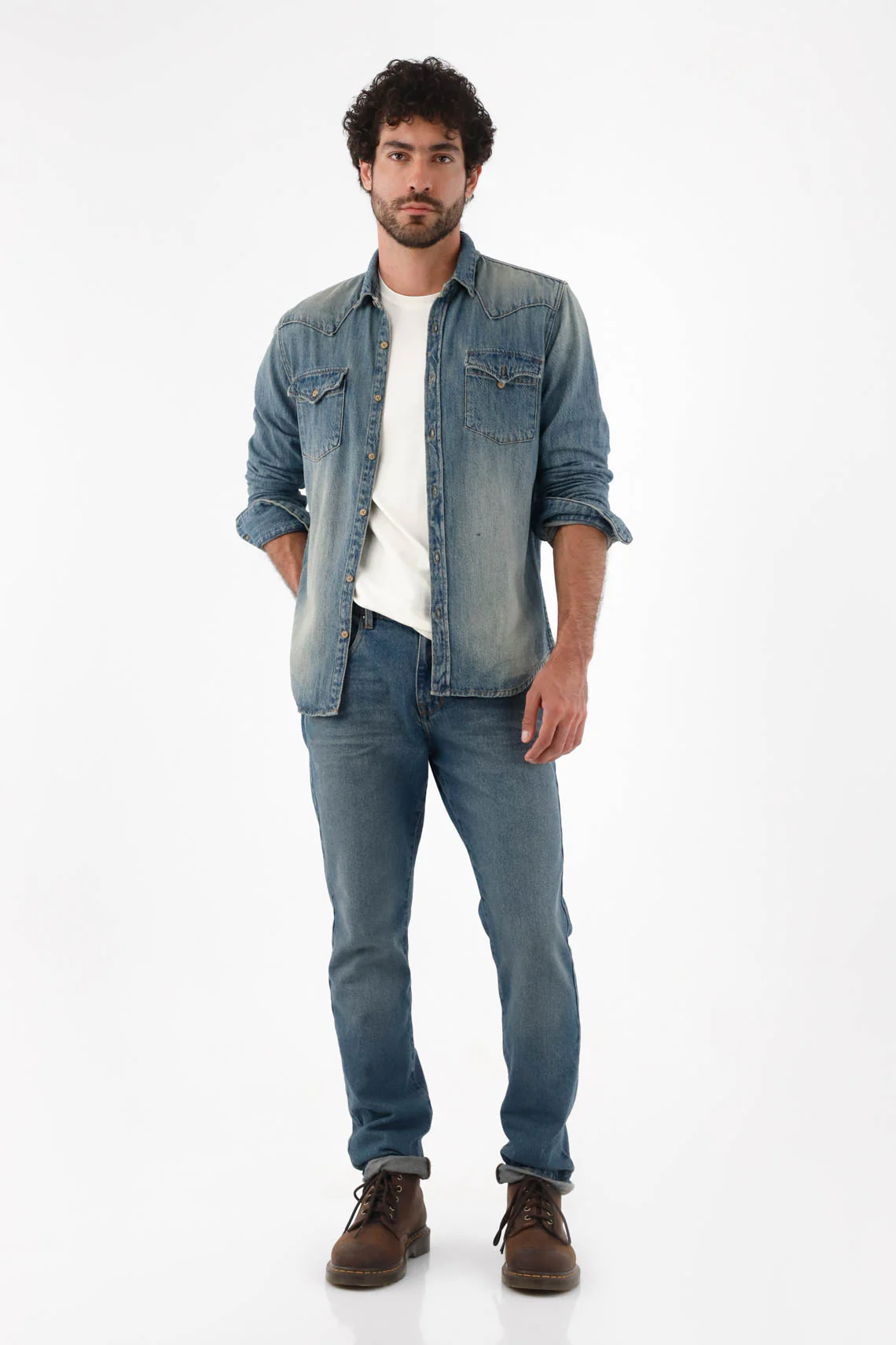 Men's Indigo Cotton Relaxed Fit Shirt Vintage Wash - Image 3