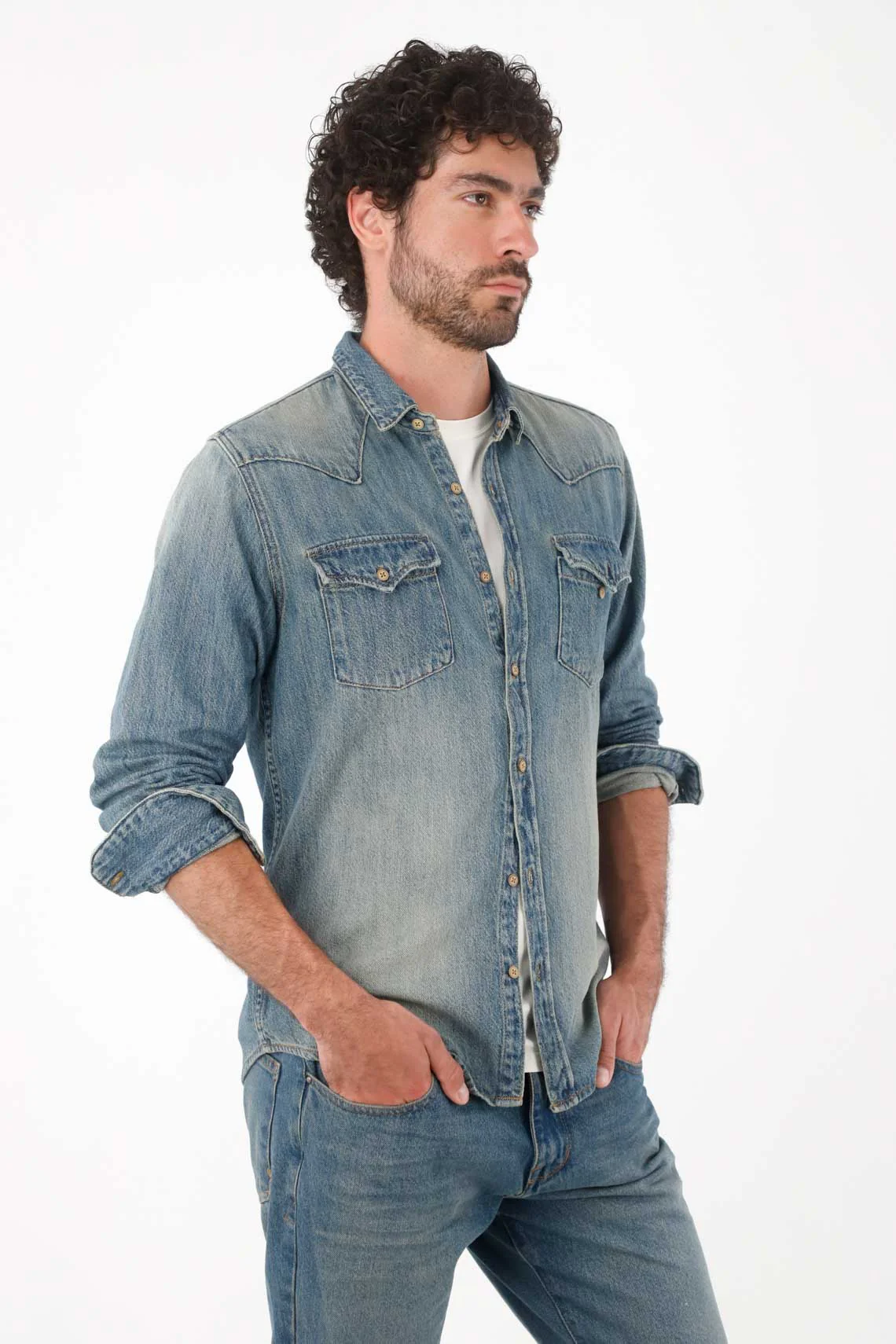 Men's Indigo Cotton Relaxed Fit Shirt Vintage Wash - Image 4