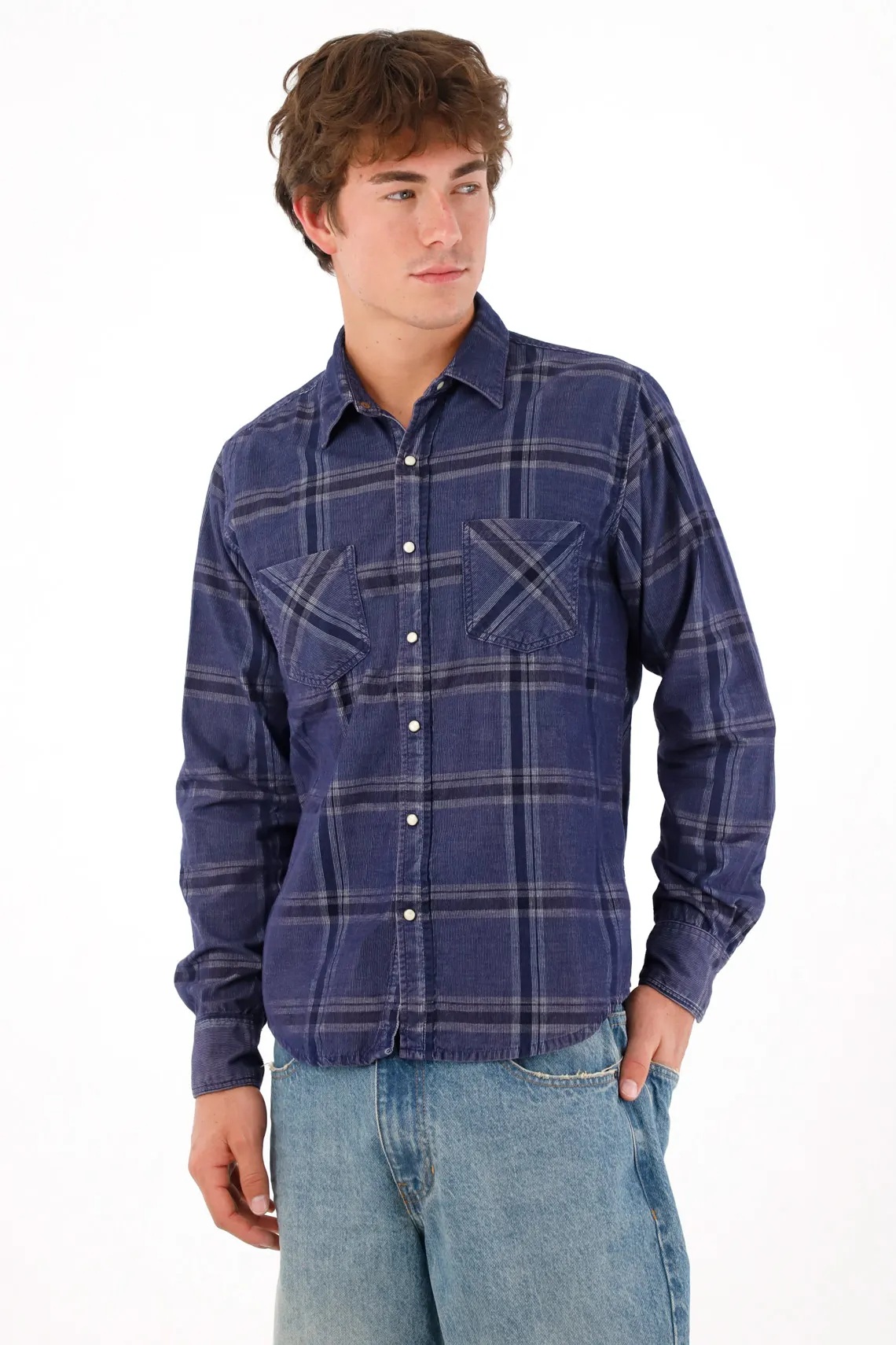 Men's Blue Checkered Shirt with Pockets