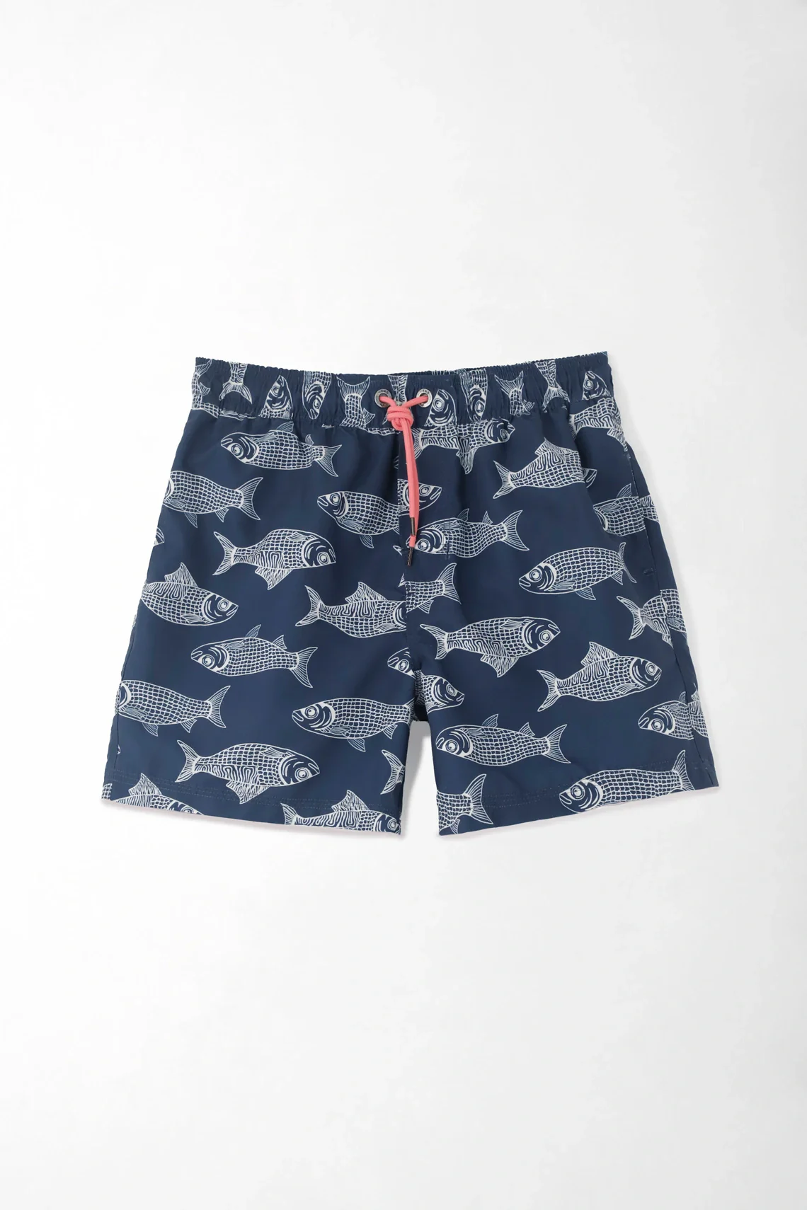 Men's Swim Trunks in Navy Polyester, Straight Cut with Fish Print