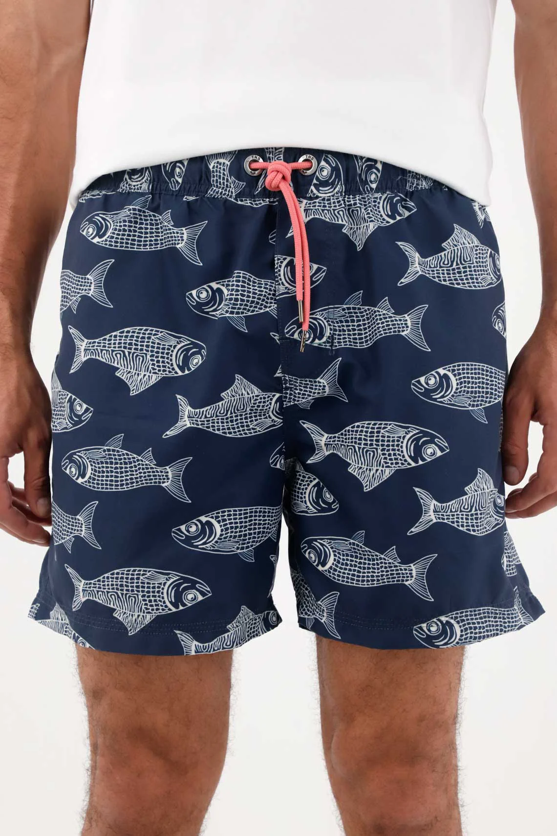 Men's Swim Trunks in Navy Polyester, Straight Cut with Fish Print - Image 2