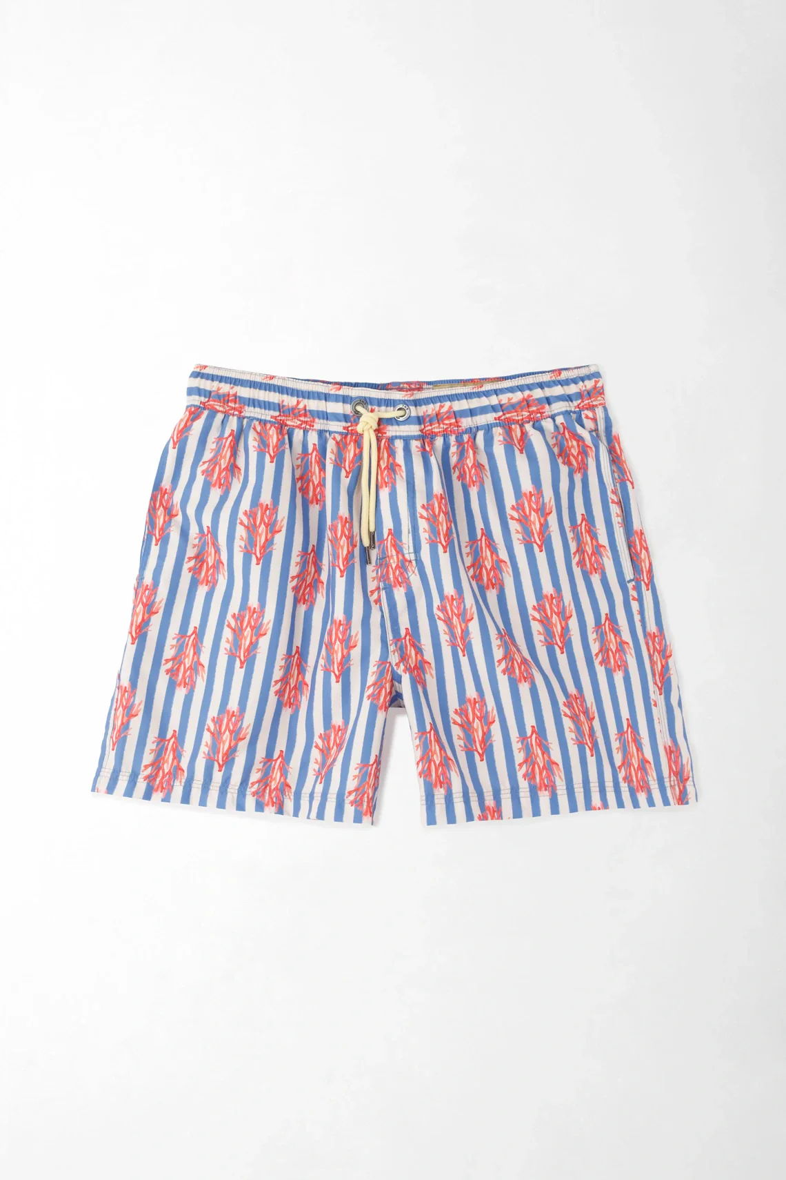 Men's Swim Trunks in Classic Fit Blue Polyester with Coral Striped Print