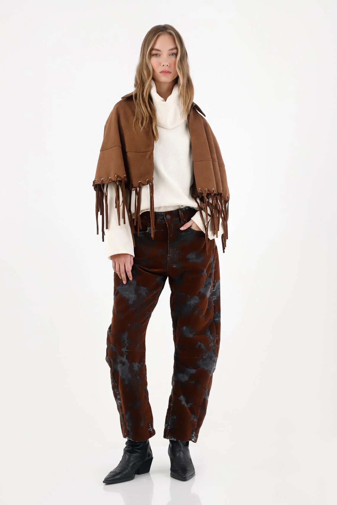 Suede Cape with Brown Fringe for Women