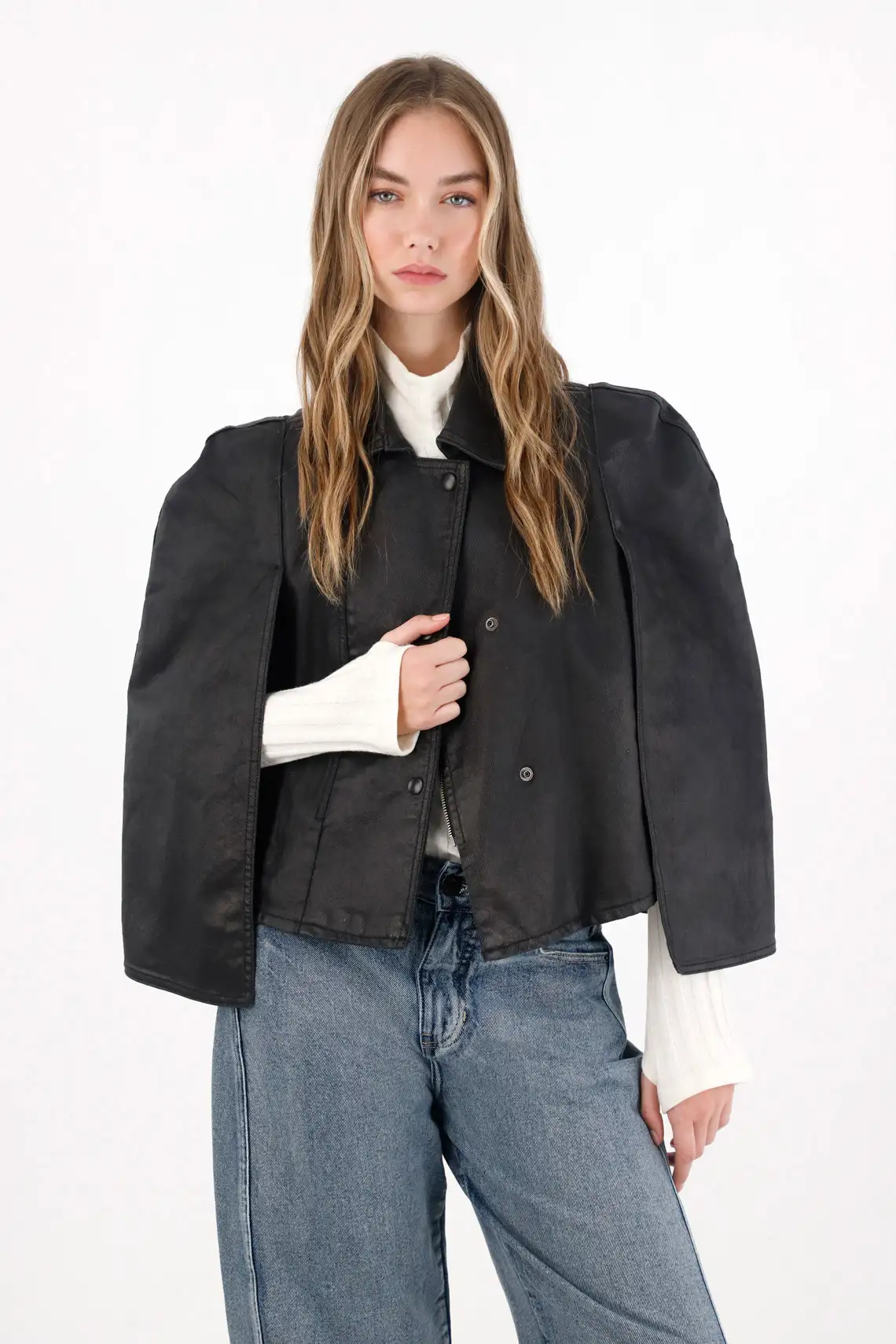 Black Waxed Effect Cape for Women - Image 2