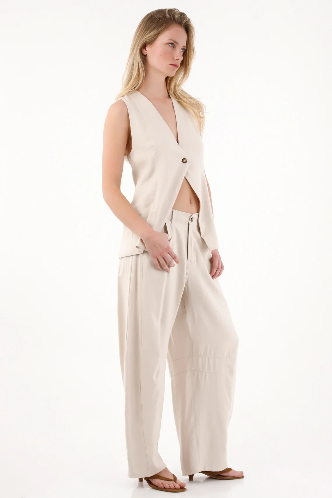 Long Vest with Front Neckline in Off-White for Women